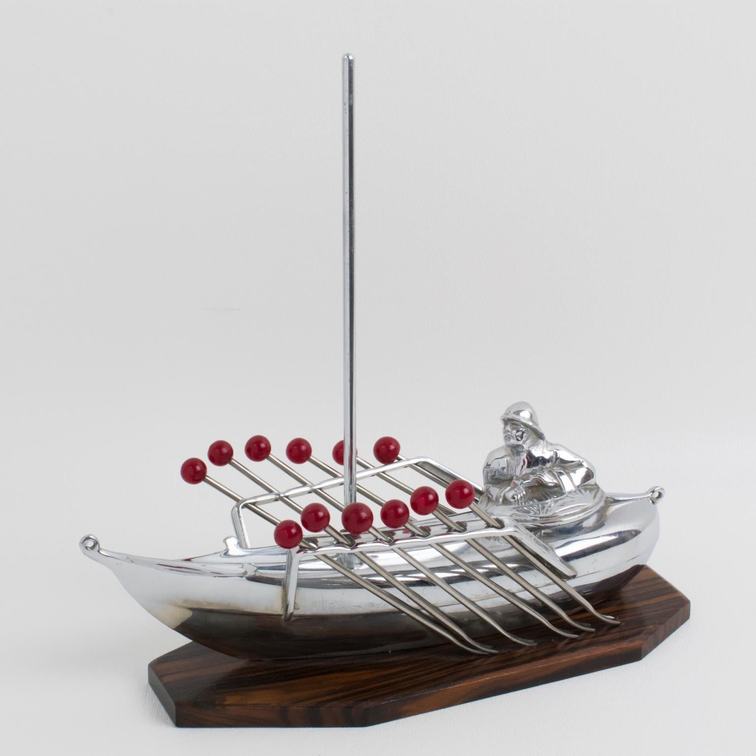 French Art Deco Chrome and Macassar Wood Miniature Boat Cocktail Picks, France 1930s For Sale
