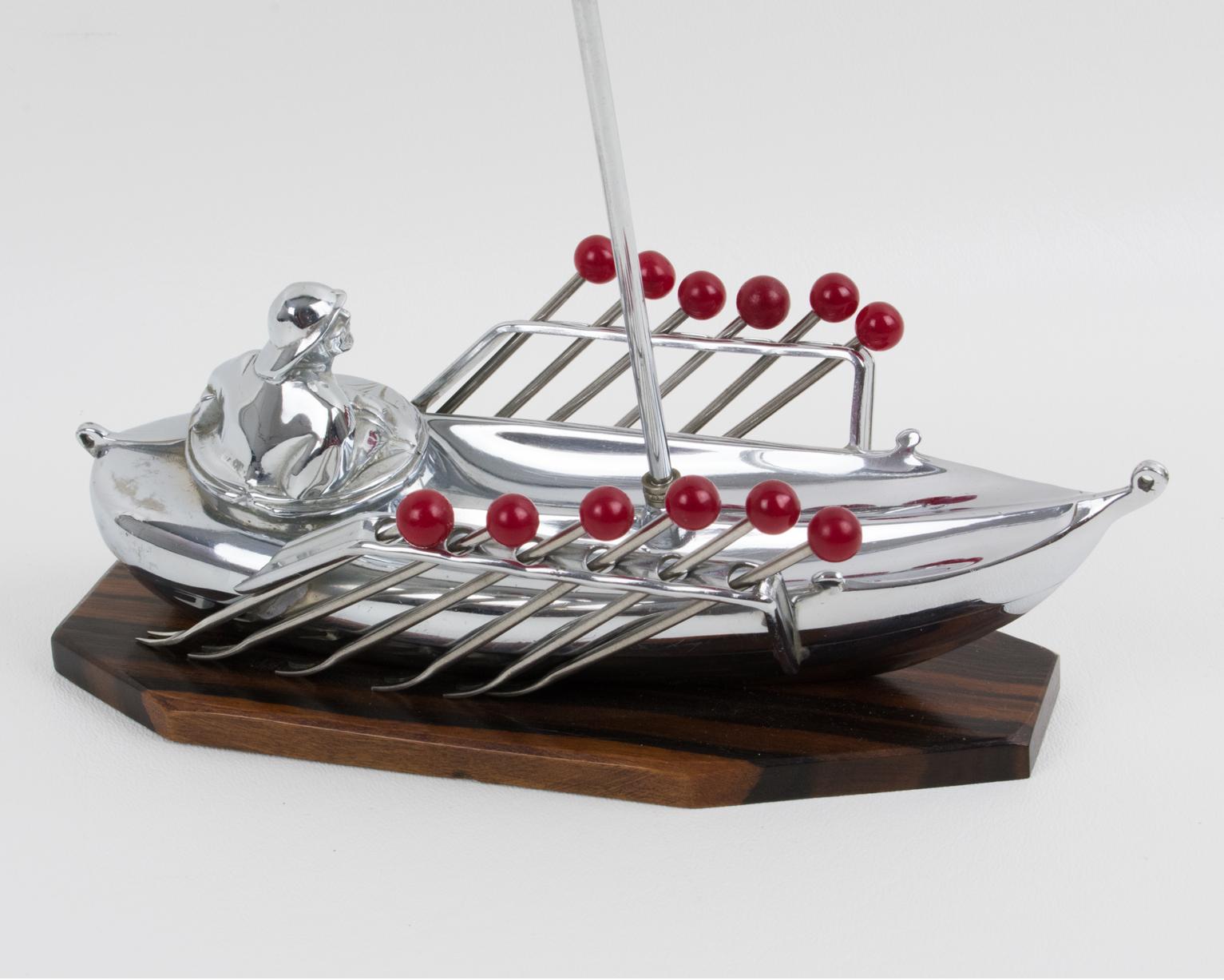 Mid-20th Century Art Deco Chrome and Macassar Wood Miniature Boat Cocktail Picks, France 1930s For Sale