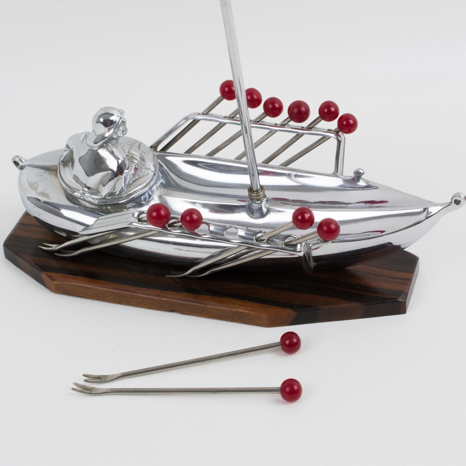 Art Deco Chrome and Macassar Wood Miniature Boat Cocktail Picks, France 1930s For Sale 2