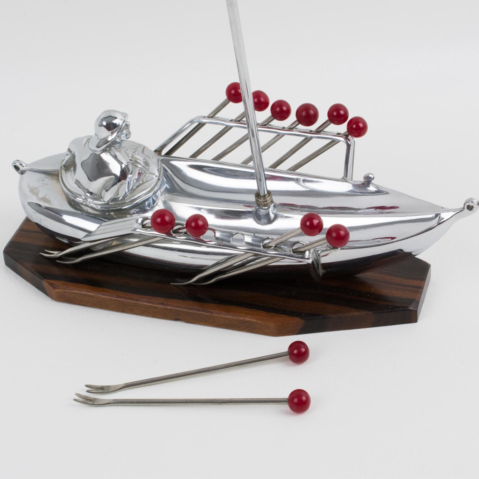 Metal Art Deco Chrome and Macassar Wood Miniature Boat Cocktail Picks, France 1930s