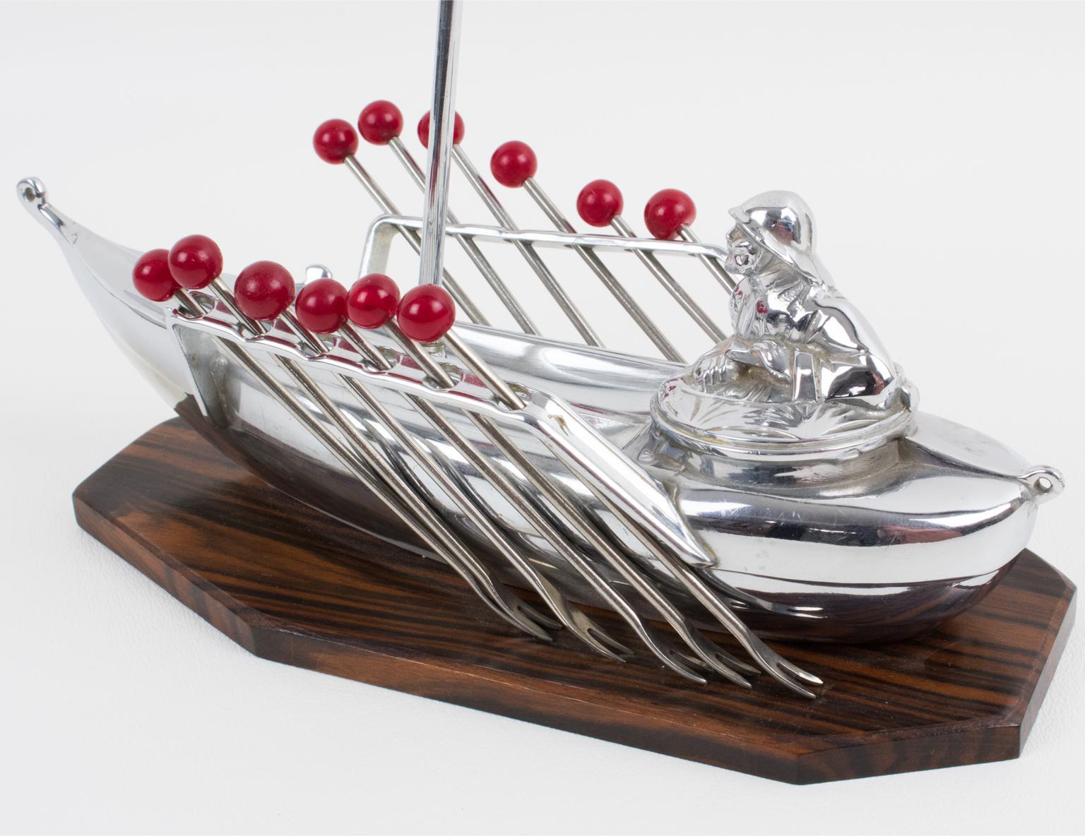 Art Deco Chrome and Macassar Wood Miniature Boat Cocktail Picks, France 1930s For Sale 3