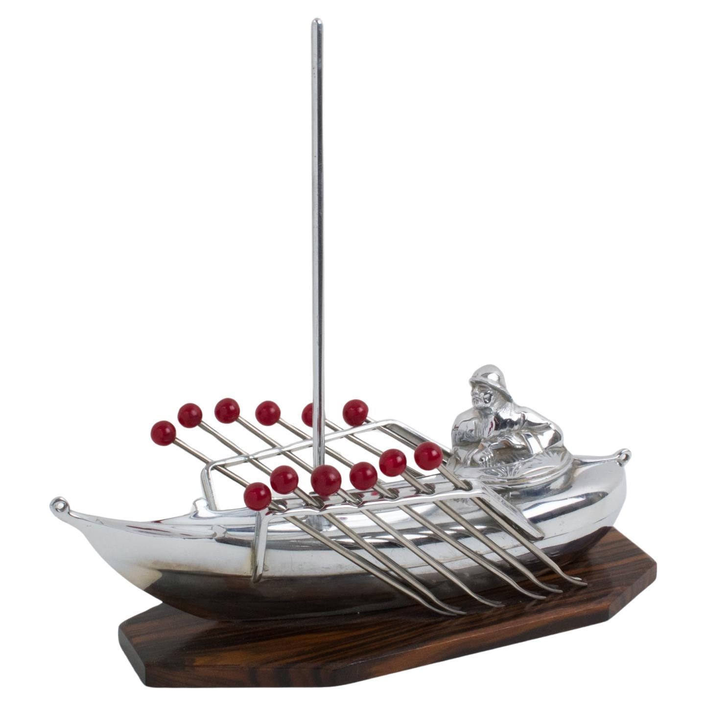 Art Deco Chrome and Macassar Wood Miniature Boat Cocktail Picks, France 1930s For Sale