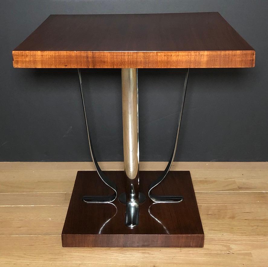 French Stylized Art Deco Chrome and Mahogany Side Table For Sale