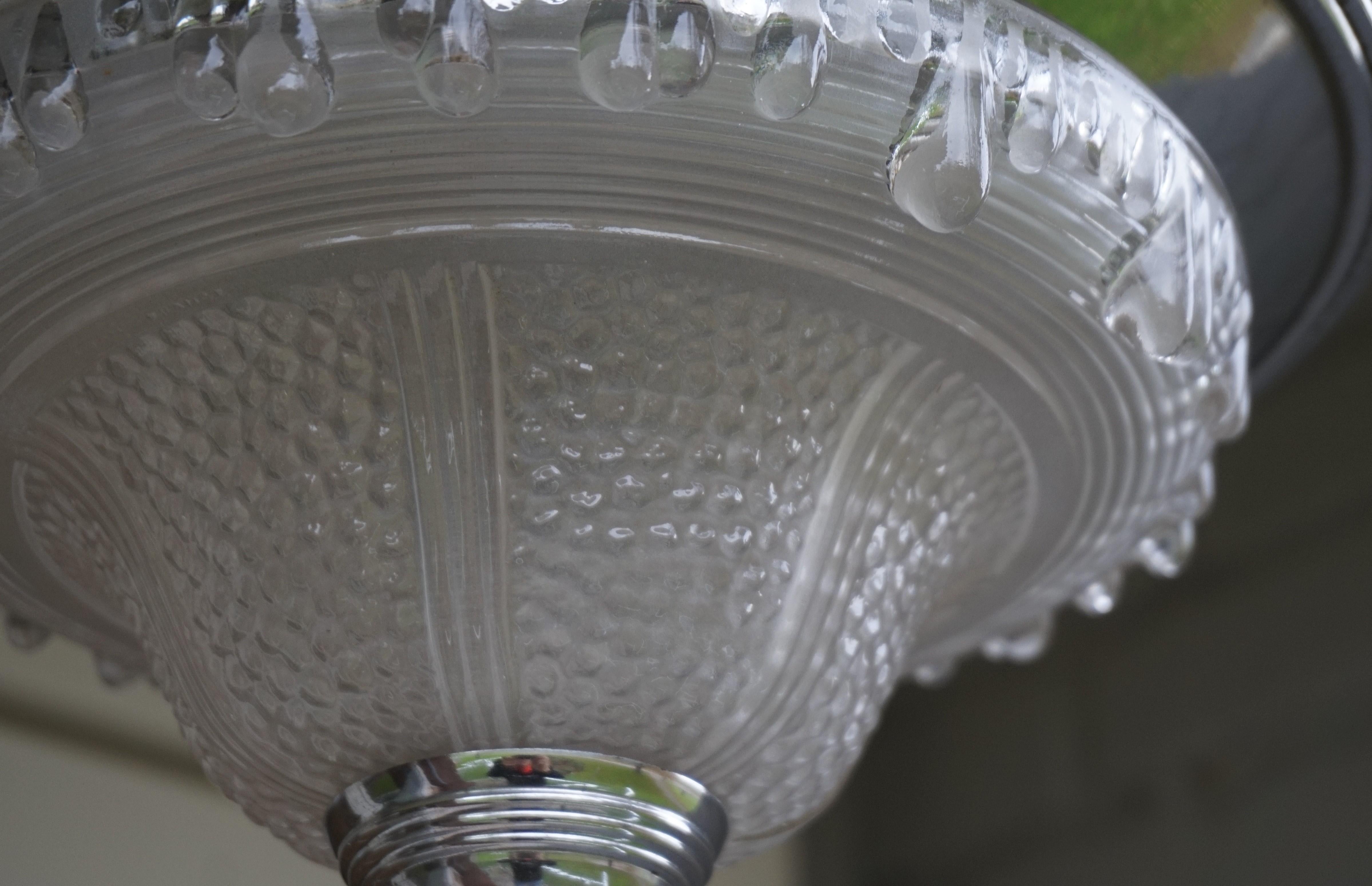 Art Deco Chrome and Melting Ice Design Glass Pendant / Light Fixture By Ezan For Sale 4