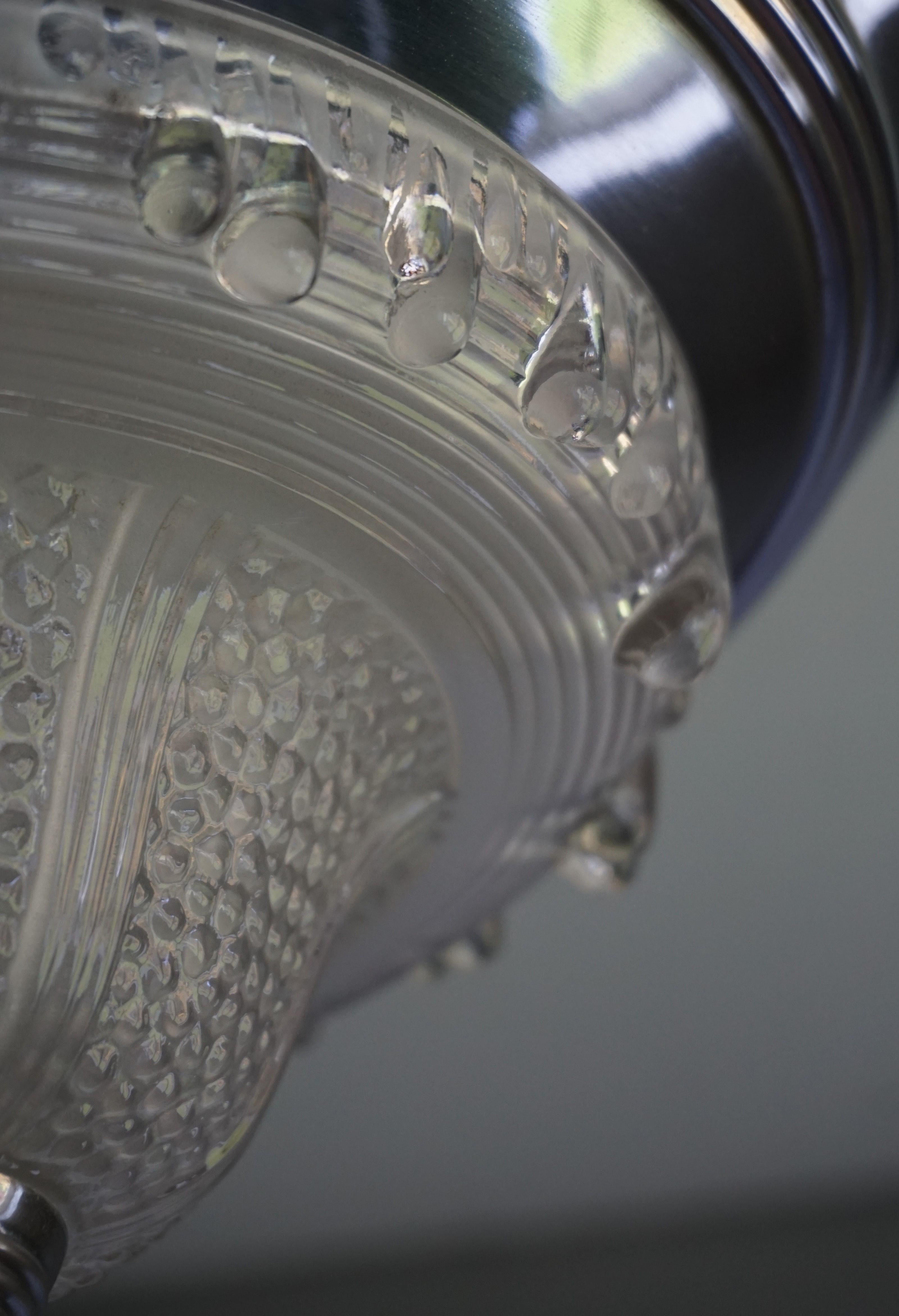 Art Deco Chrome and Melting Ice Design Glass Pendant / Light Fixture By Ezan For Sale 7