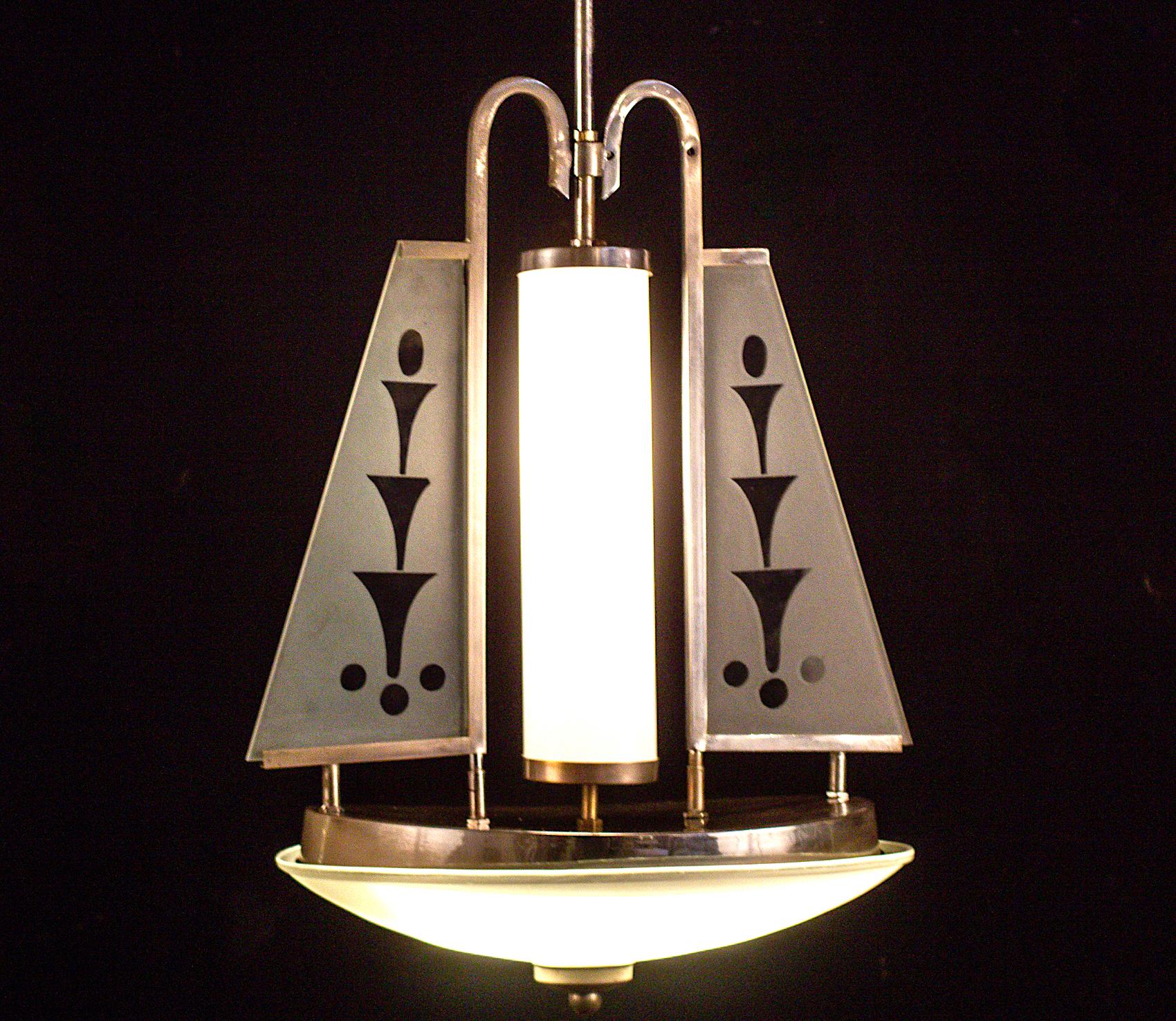 Italian Art Deco Chrome and Murano Glass Chandelier Pietro Chiesa Fontana Arte, 1930 For Sale