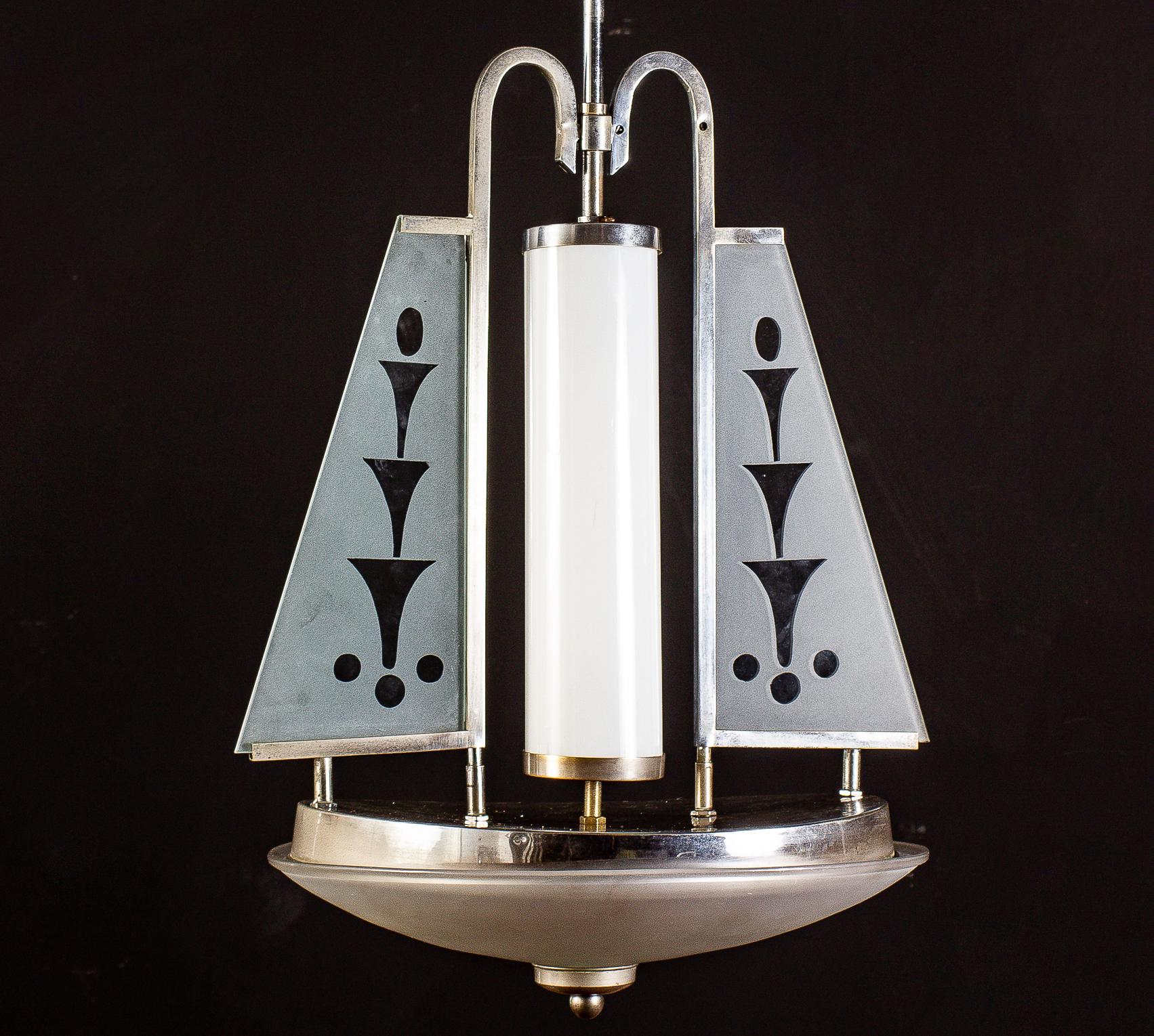 Mid-Century moderno Art Deco Chrome and Murano Glass Chandelier Pietro Chiesa Fontana Arte Attr. in vendita