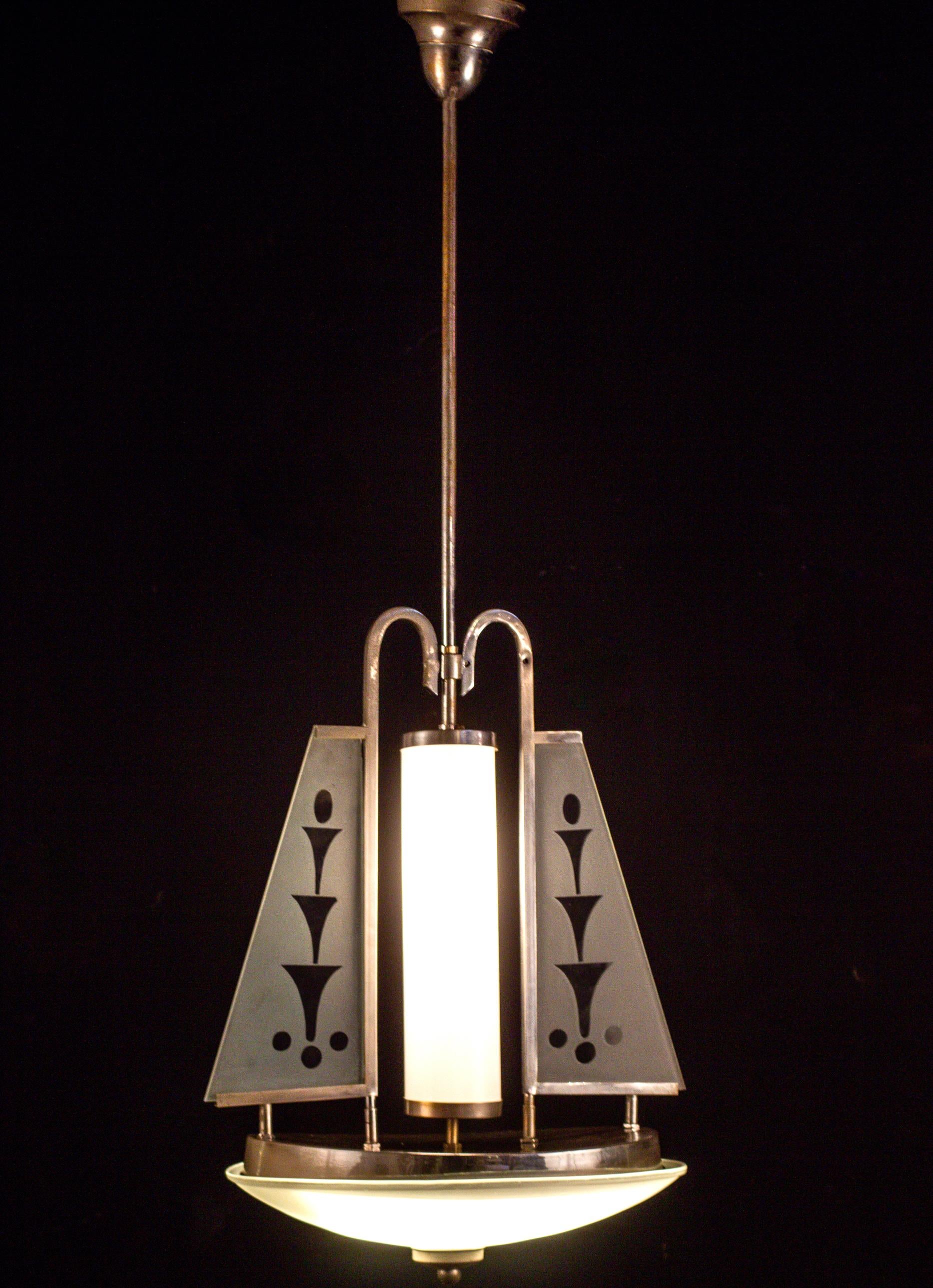 Italiano Art Deco Chrome and Murano Glass Chandelier Pietro Chiesa Fontana Arte Attr. in vendita