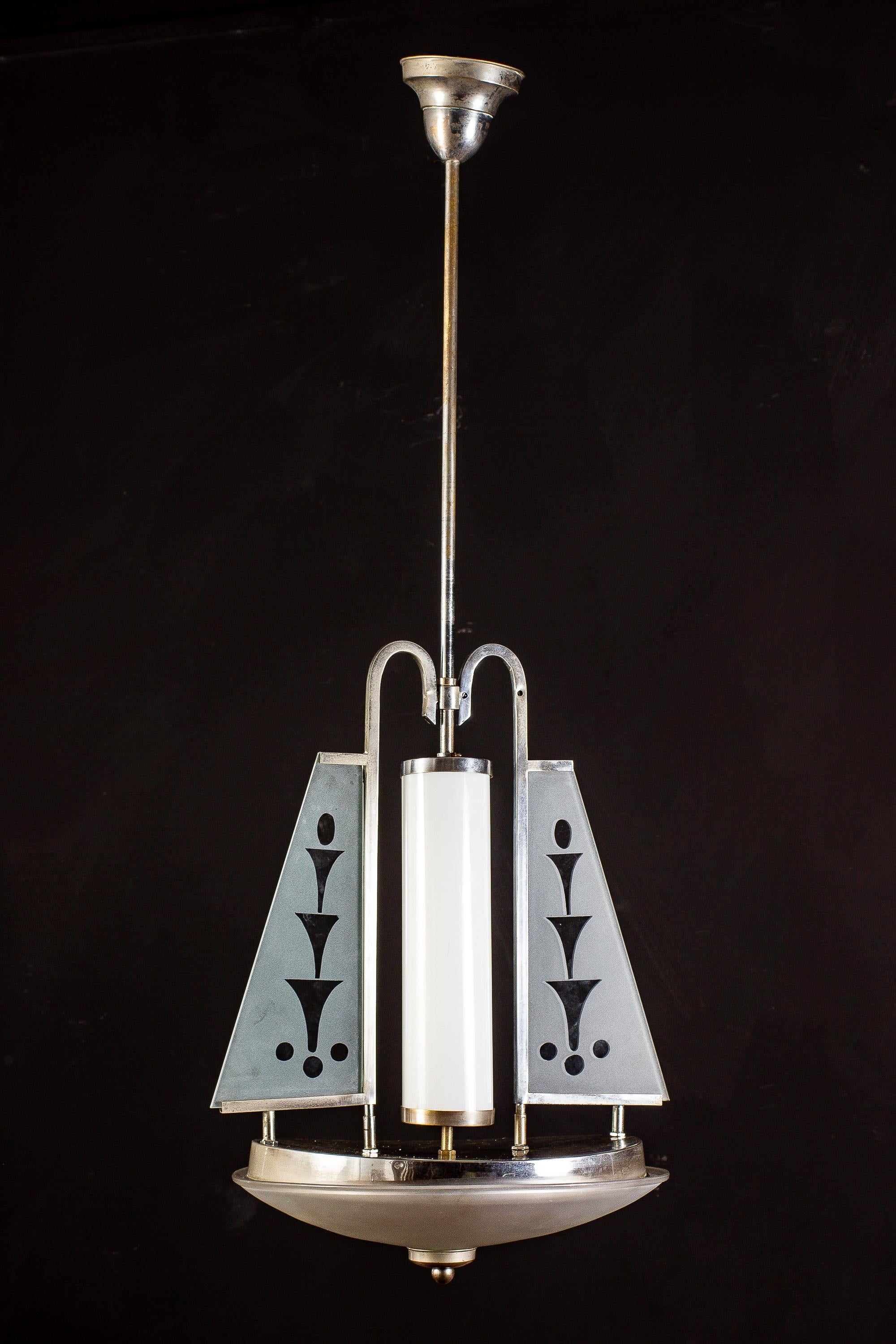 Metà XX secolo Art Deco Chrome and Murano Glass Chandelier Pietro Chiesa Fontana Arte Attr. in vendita