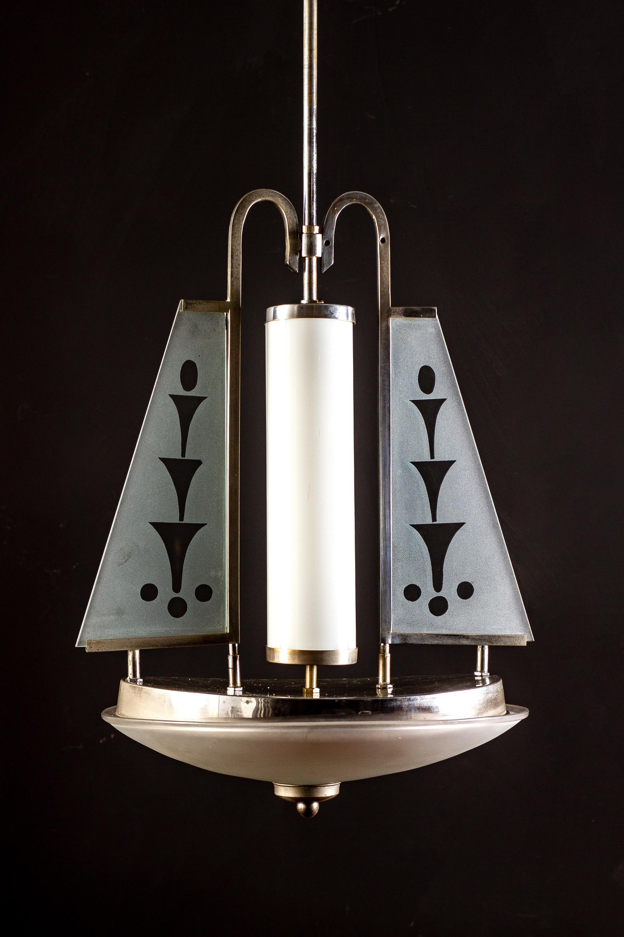 Art Deco Chrome and Murano Glass Chandelier Pietro Chiesa Fontana Arte Attr. in vendita 1