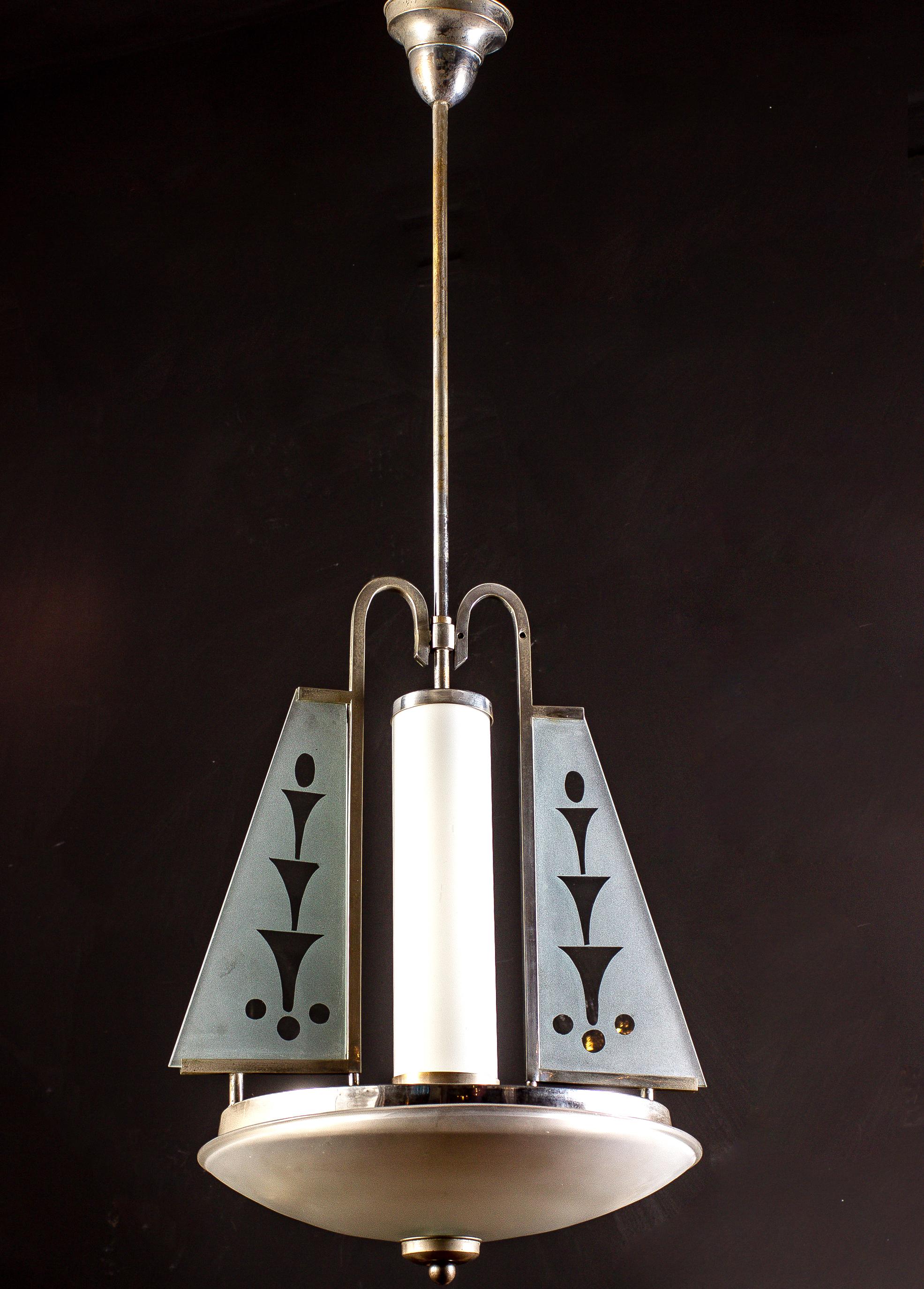 Art Deco Chrome and Murano Glass Chandelier Pietro Chiesa Fontana Arte Attr. in vendita 2