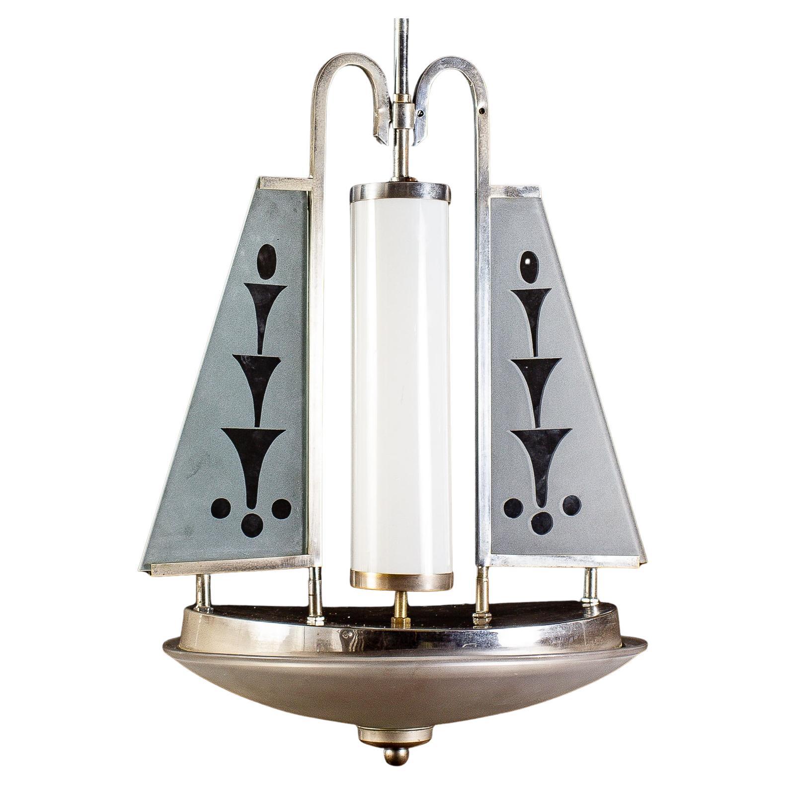 Art Deco Chrome and Murano Glass Chandelier Pietro Chiesa Fontana Arte Attr.