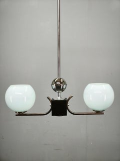 Lampadario Art Déco in cromo e vetro opalino, Cecoslovacchia, anni ’30