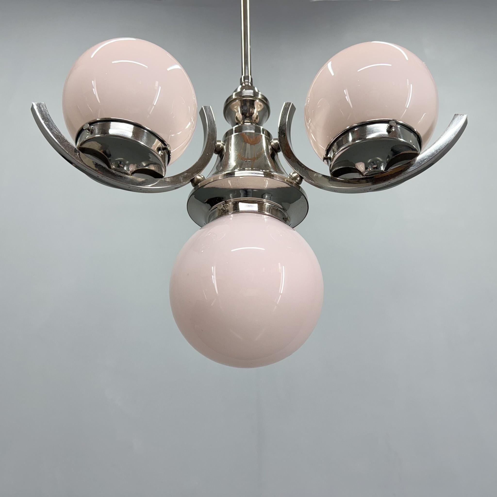 Art Deco Chrome and Pink Glass Chandelier, 1930's In Good Condition For Sale In Praha, CZ
