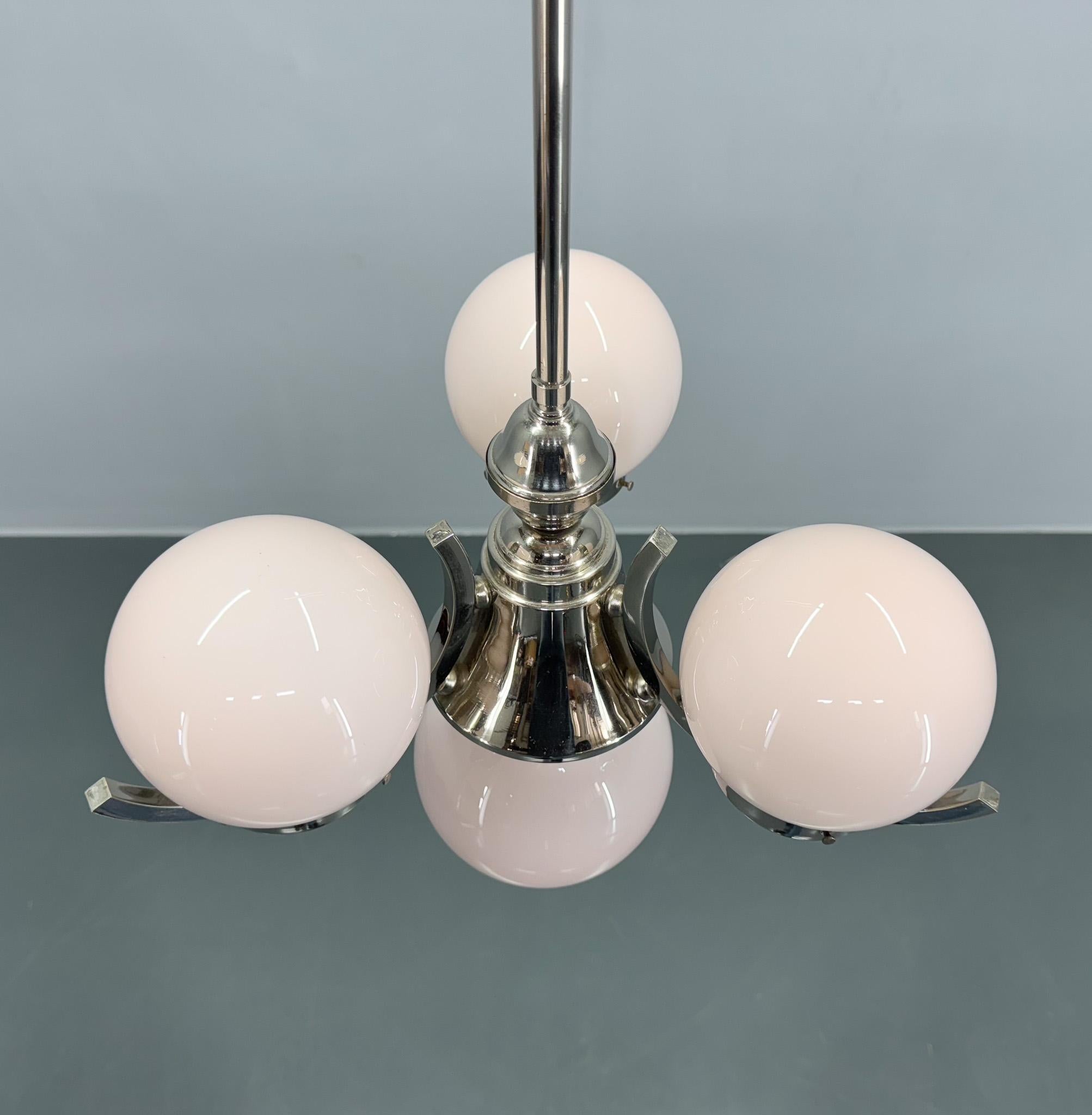 Art Deco Chrome and Pink Glass Chandelier, 1930's For Sale 1