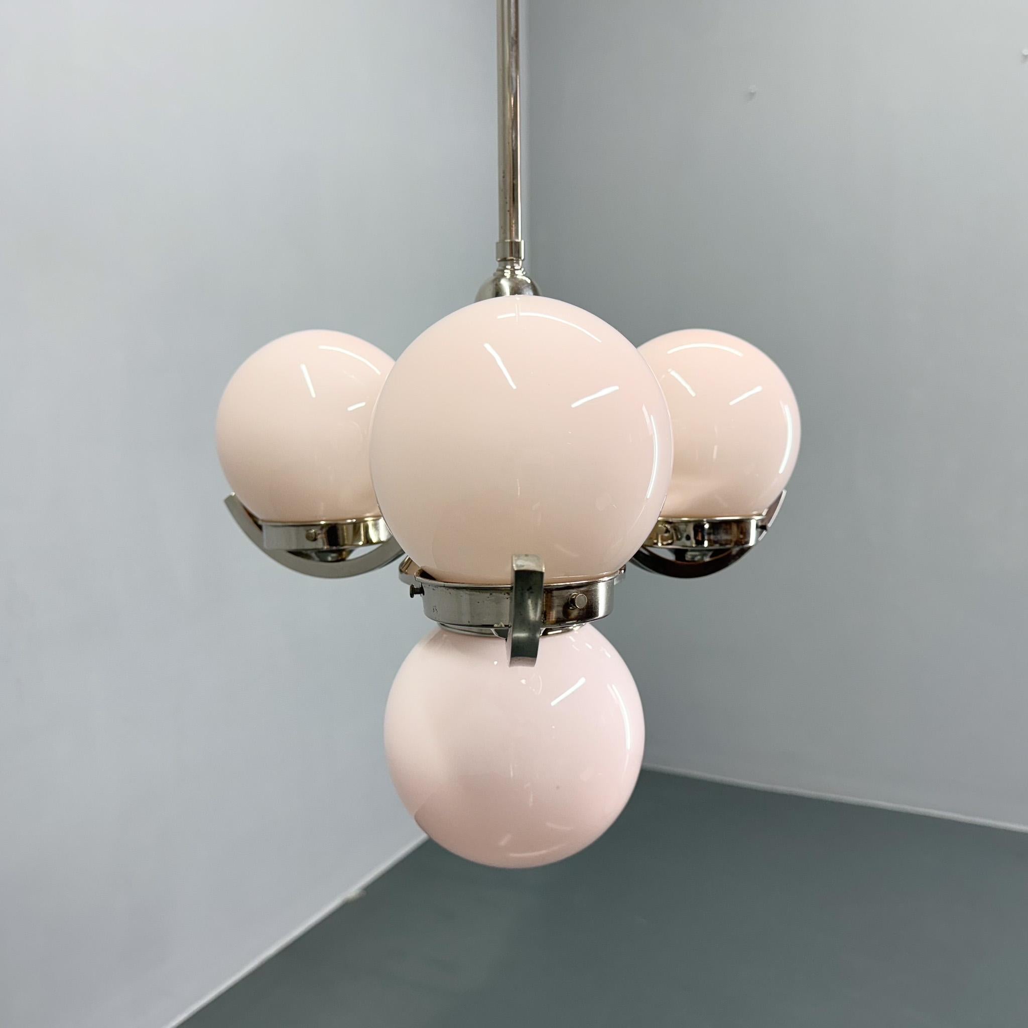 Art Deco Chrome and Pink Glass Chandelier, 1930's For Sale 2