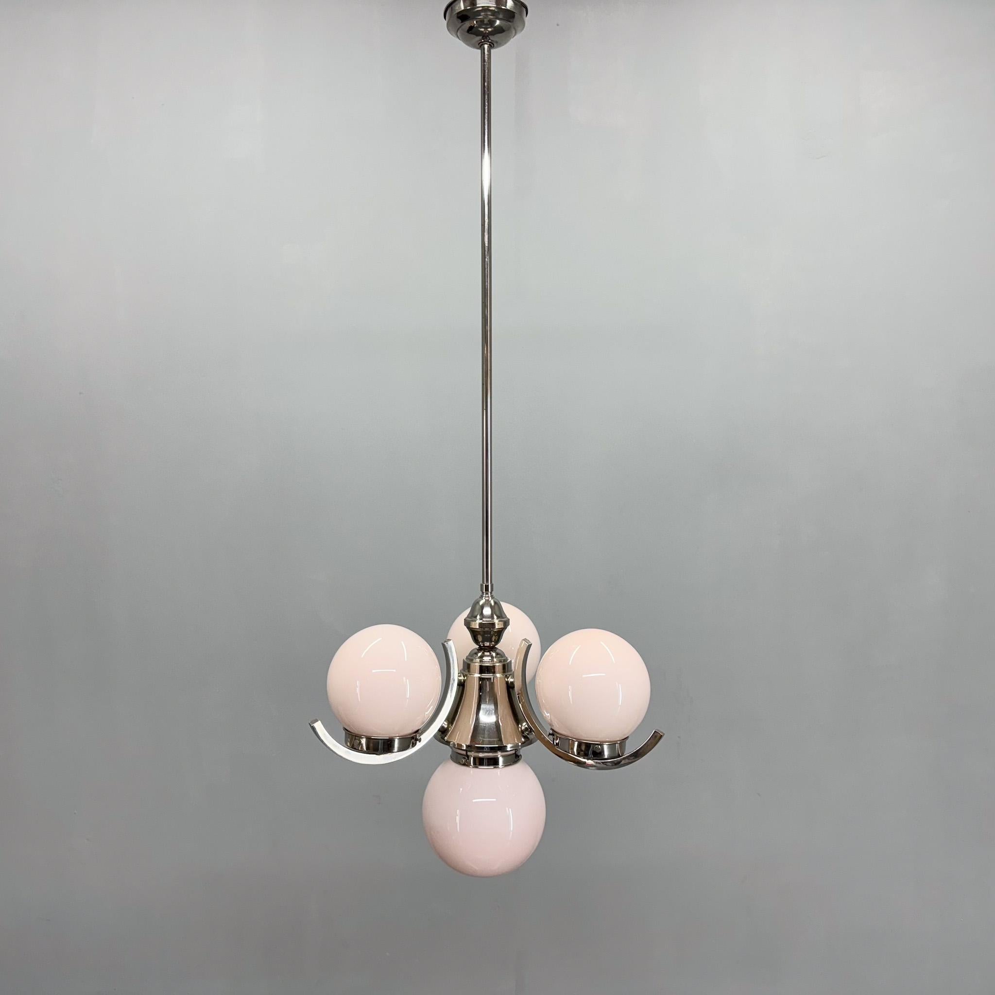 Art Deco Chrome and Pink Glass Chandelier, 1930's For Sale 3