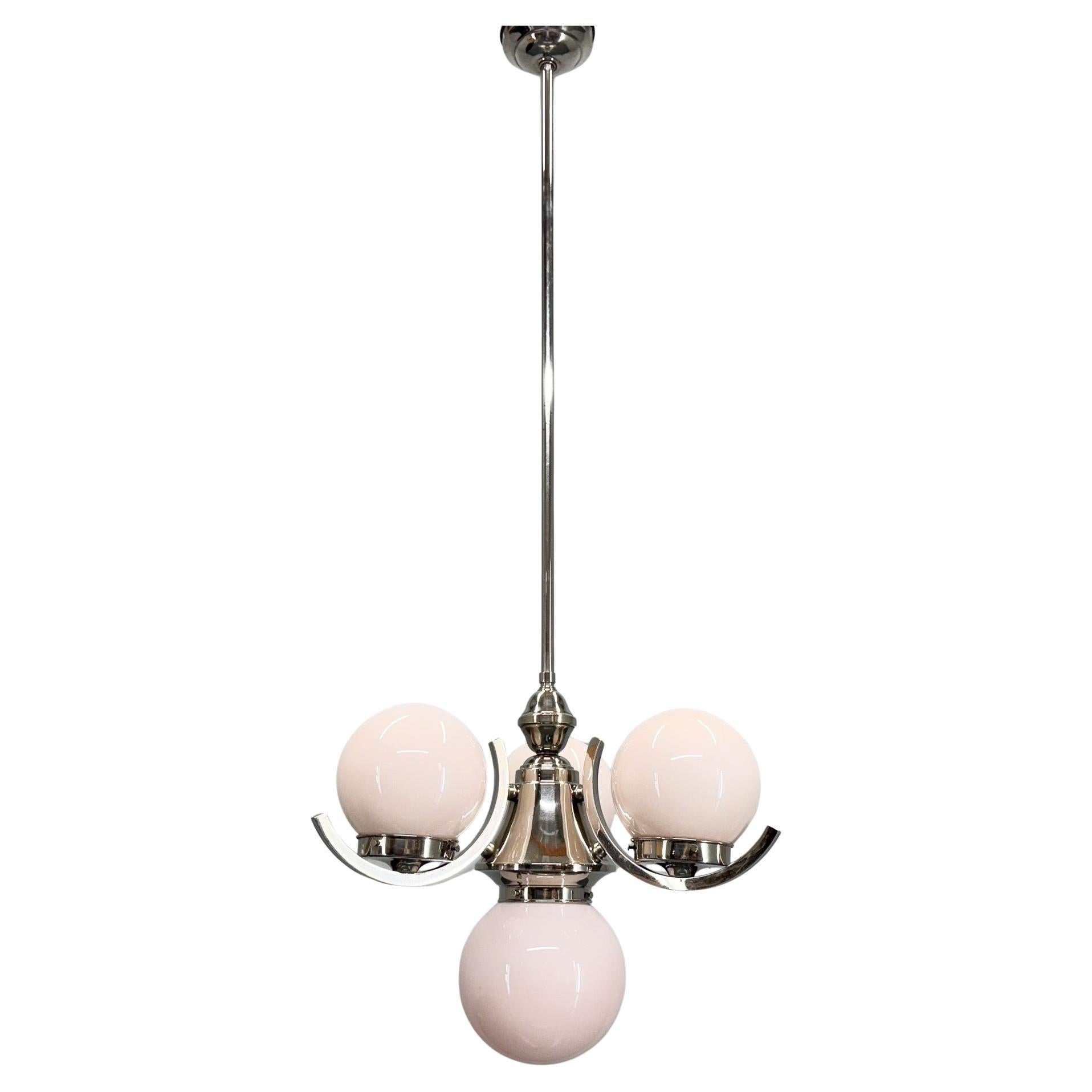 Art Deco Chrome and Pink Glass Chandelier, 1930's For Sale