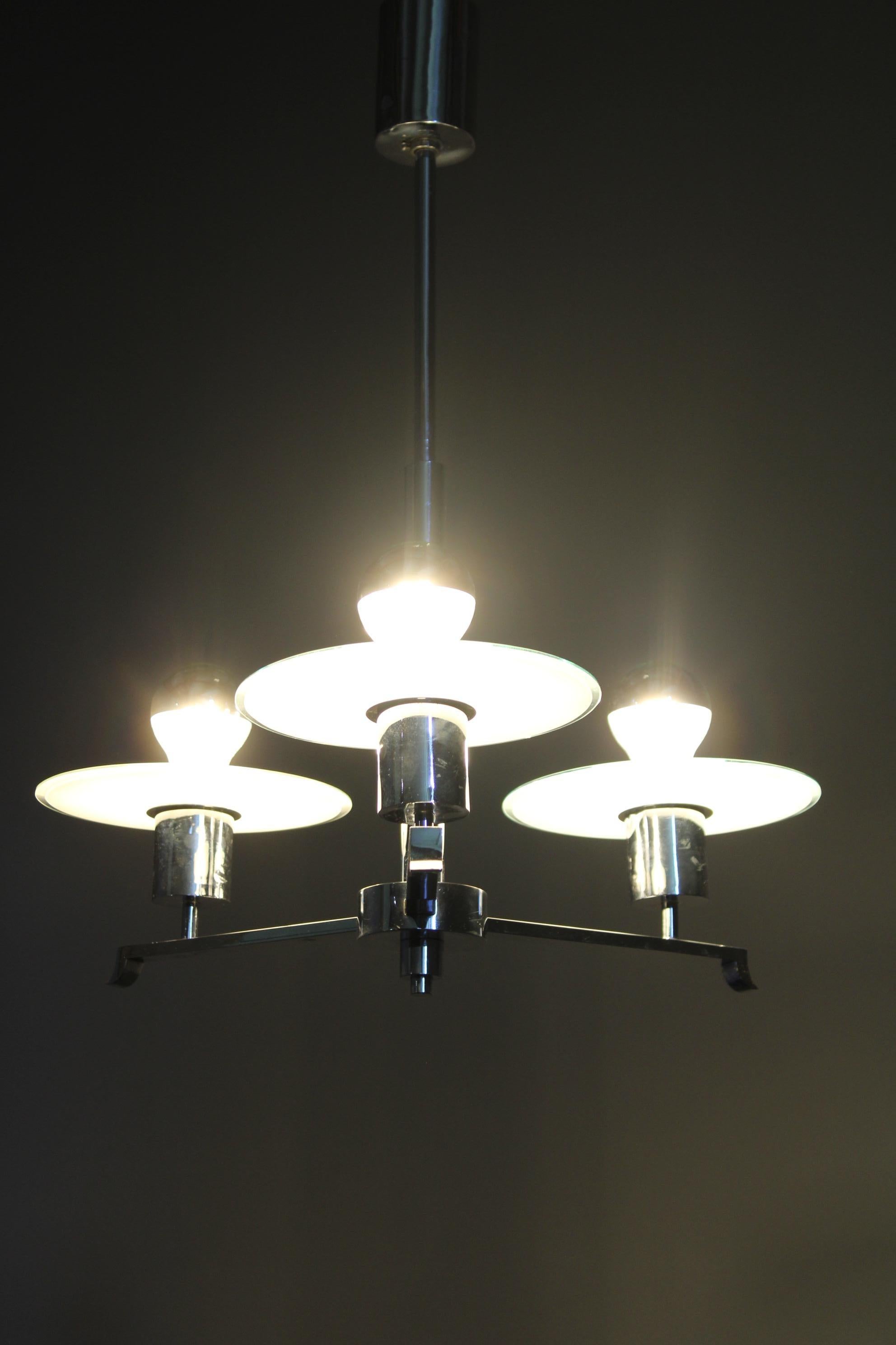 Art Deco Chrome and Sandblasted Glass Chandelier, Czechoslovakia, 1940s im Angebot 3