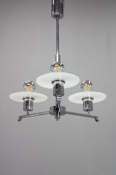 Art Deco Chrome and Sandblasted Glass Chandelier, Czechoslovakia, 1940s