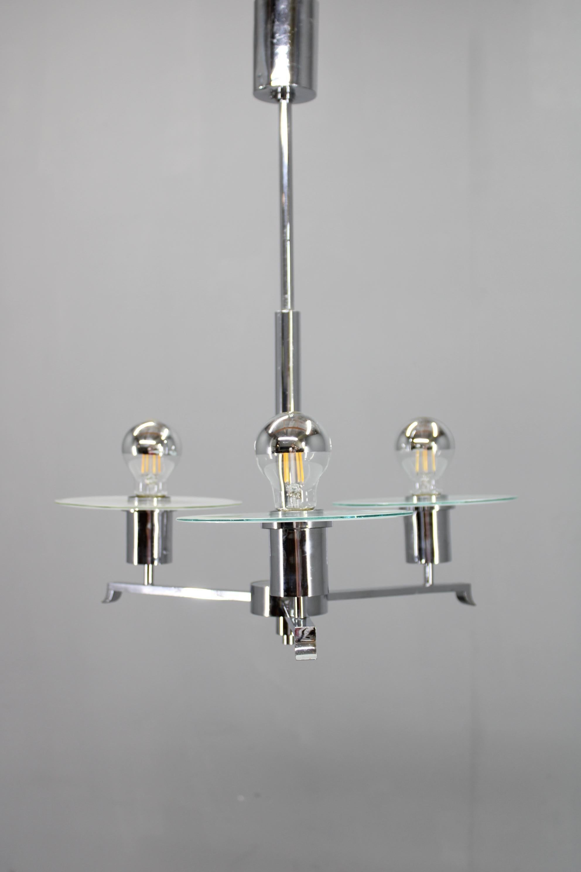 Art Deco Chrome and Sandblasted Glass Chandelier, Czechoslovakia, 1940s (Art déco) im Angebot