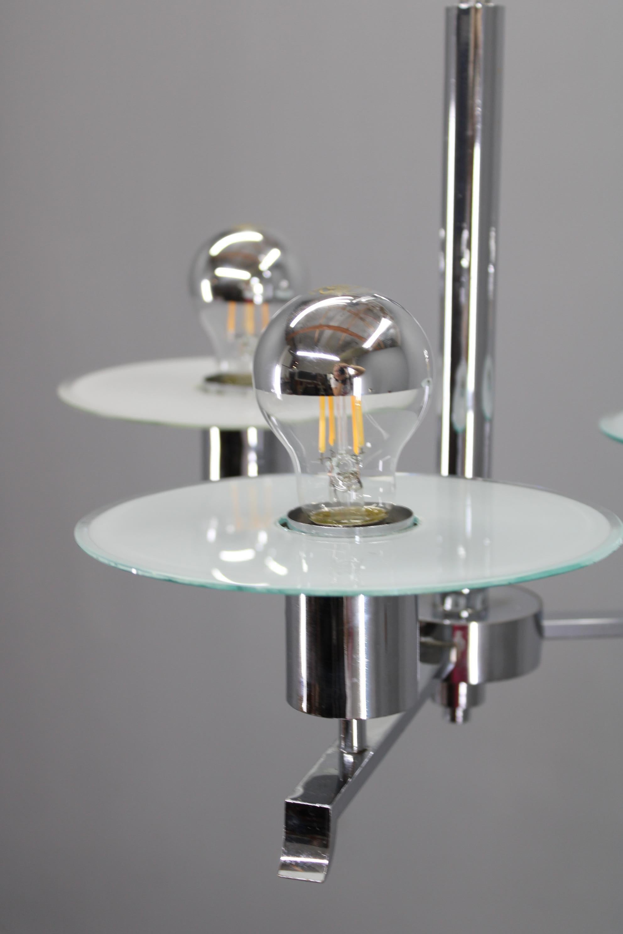 Art Deco Chrome and Sandblasted Glass Chandelier, Czechoslovakia, 1940s (Tschechisch) im Angebot