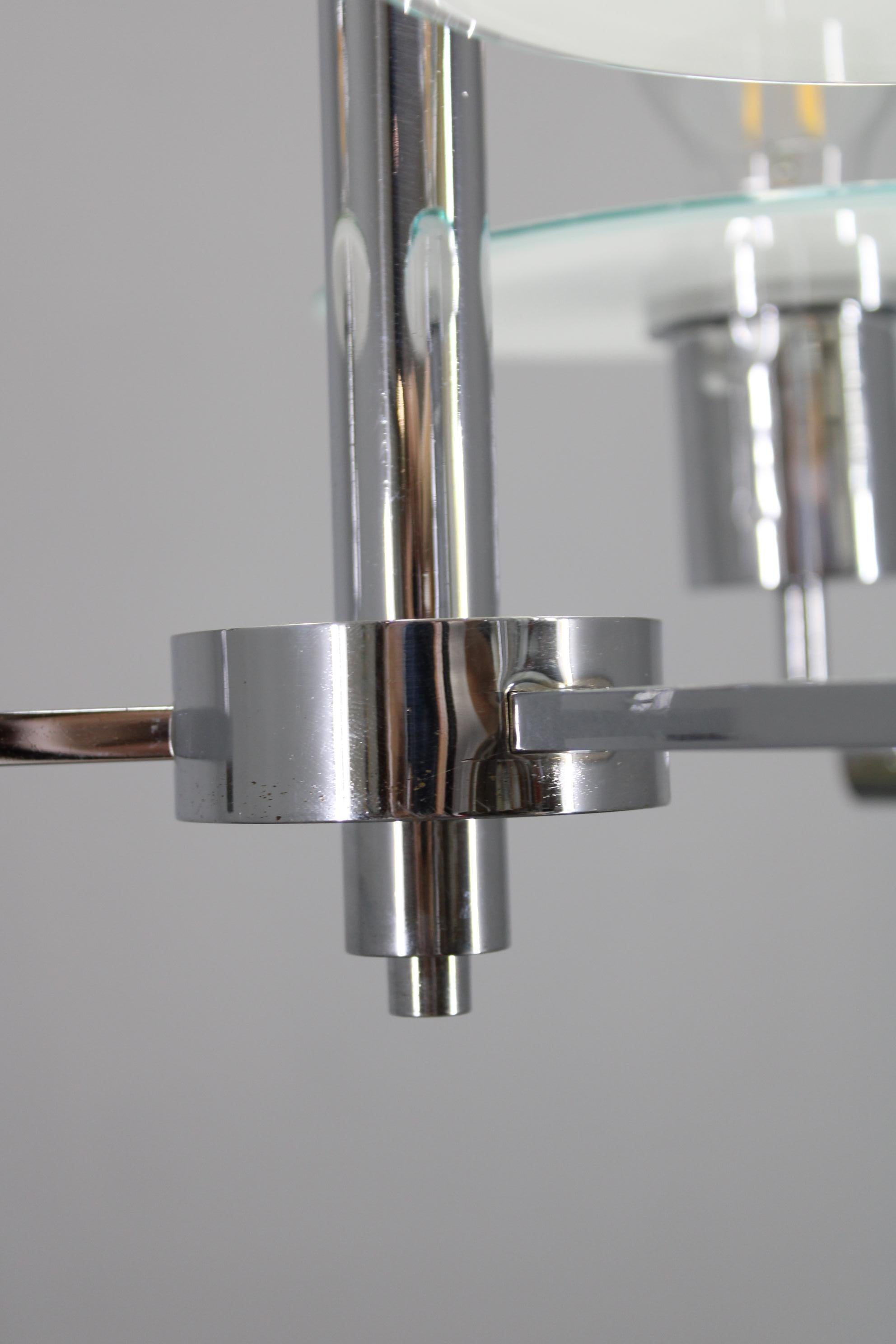 Art Deco Chrome and Sandblasted Glass Chandelier, Czechoslovakia, 1940s (Poliert) im Angebot