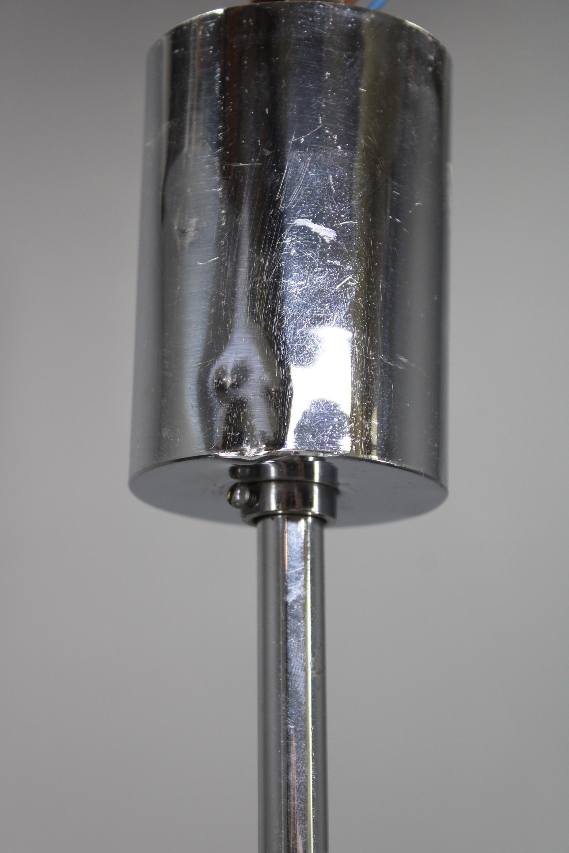 Art Deco Chrome and Sandblasted Glass Chandelier, Czechoslovakia, 1940s (Metall) im Angebot