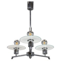 Art Deco Chrome and Sandblasted Glass Chandelier, Czechoslovakia, 1940s