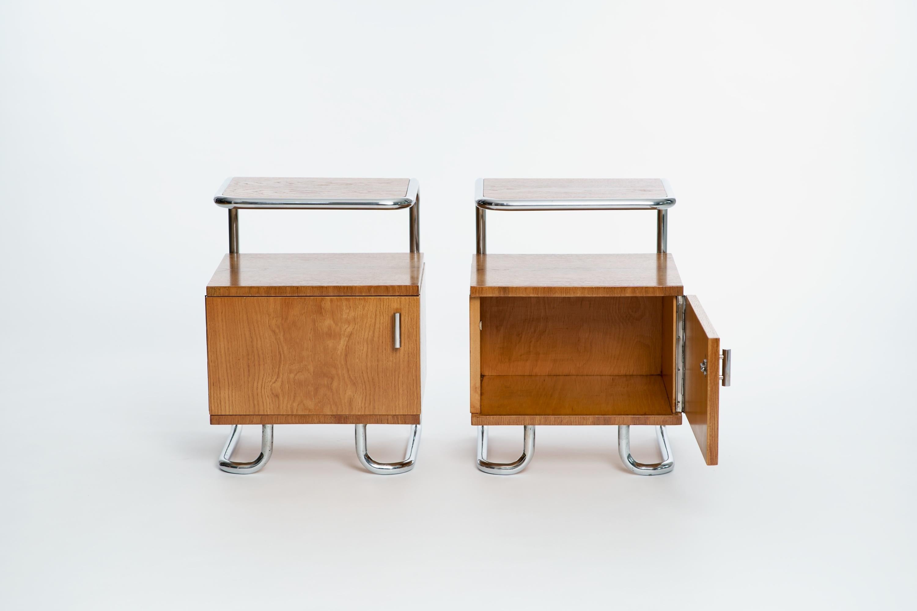 These light oak sideboards were made by Kovona in the 1930s in the former Czechoslovakia. Chromed tubular steel feet and handles in very nice original condition. The wooden parts made of oak veneer were restored.