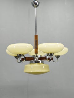 Lustre Art Déco en chrome et noyer, Tchécoslovaquie, années 1930