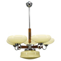 Lustre Art Déco en chrome et noyer, Tchécoslovaquie, années 1930