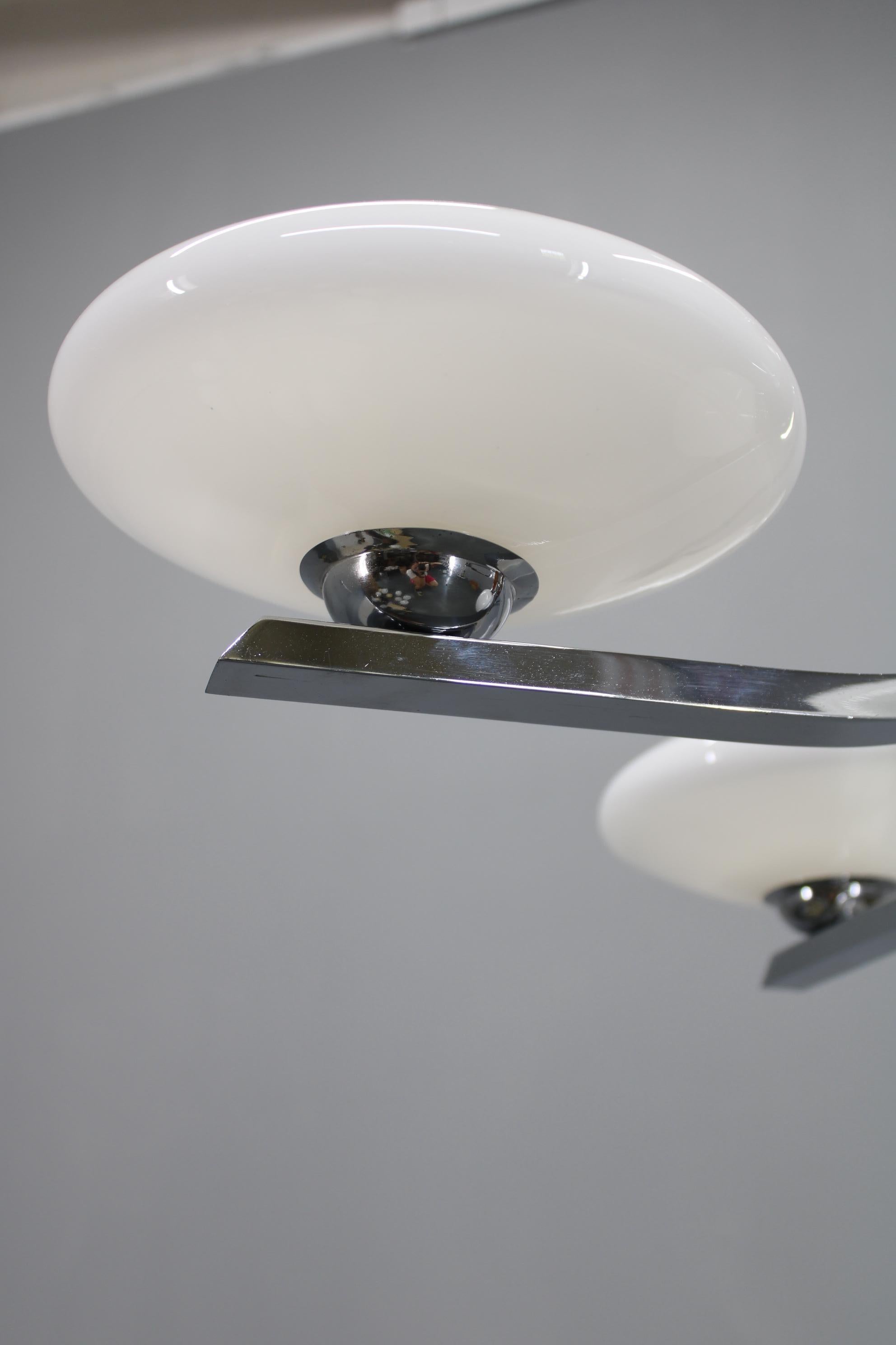 Art Deco Chrome and Walnut Chandelier with Milky Glass Shades, Czechoslovakia, 1 im Angebot 3