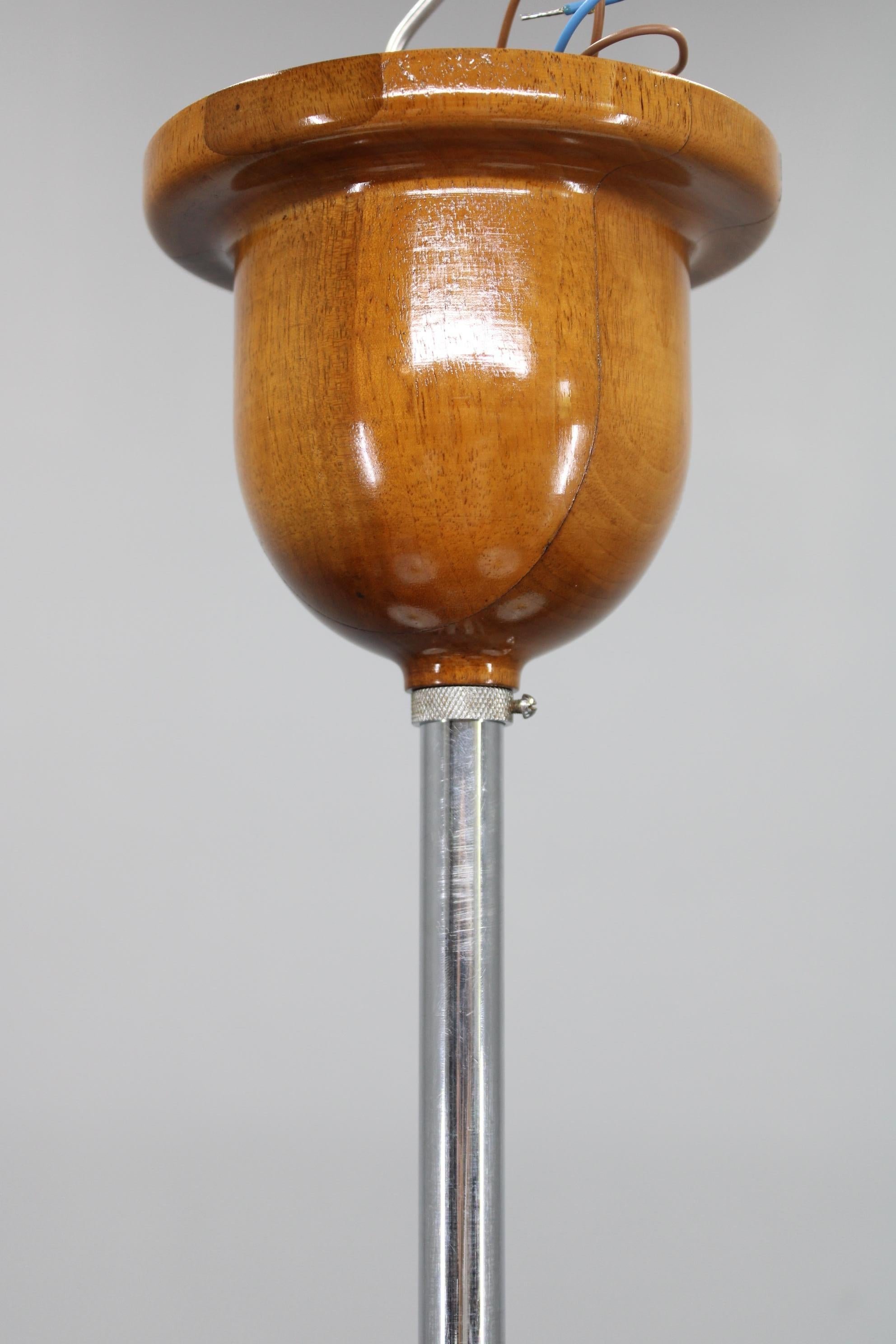 Art Deco Chrome and Walnut Chandelier with Milky Glass Shades, Czechoslovakia, 1 im Angebot 4