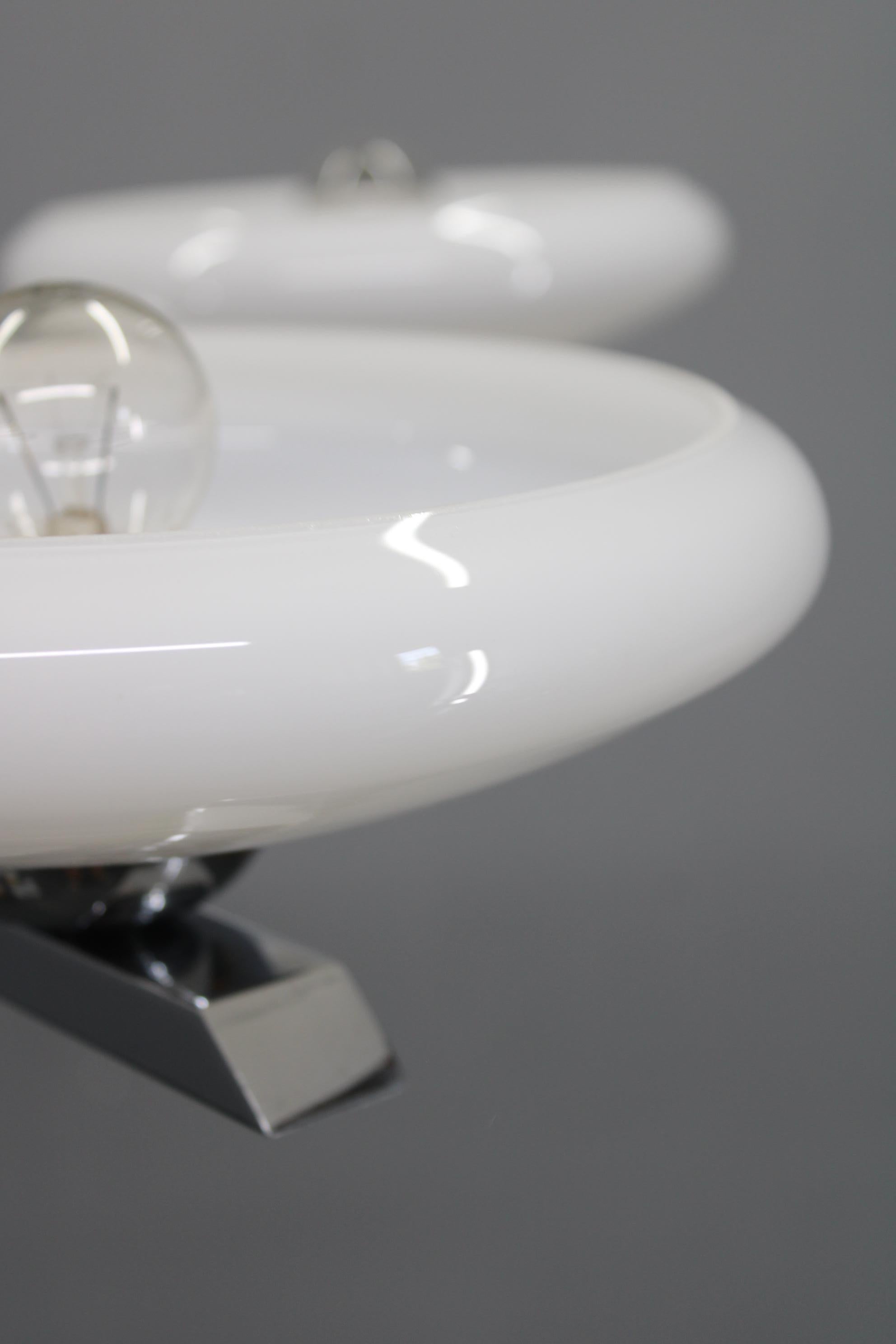 Art Deco Chrome and Walnut Chandelier with Milky Glass Shades, Czechoslovakia, 1 im Angebot 6