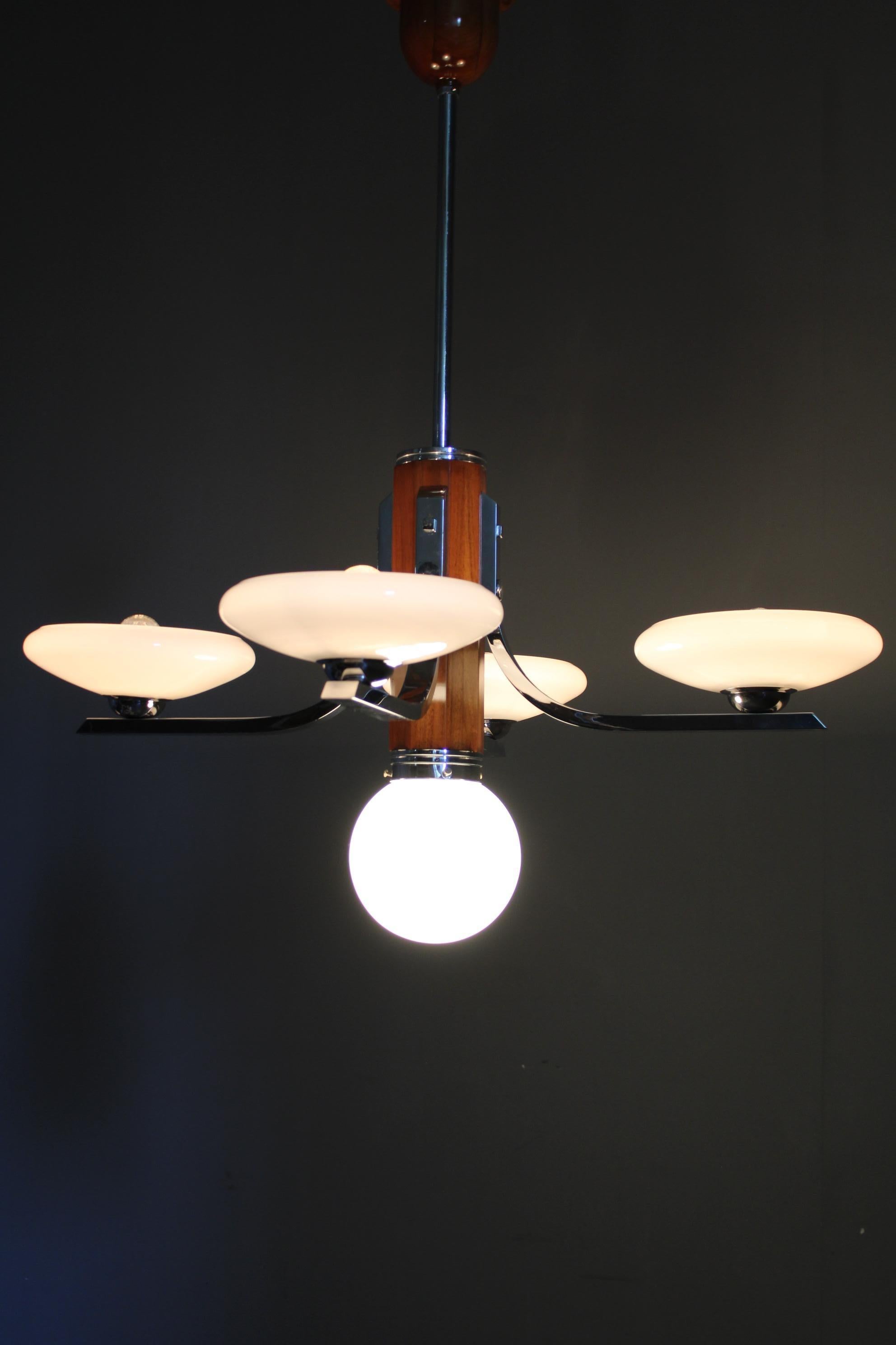 Art Deco Chrome and Walnut Chandelier with Milky Glass Shades, Czechoslovakia, 1 im Angebot 7