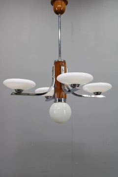 Art Deco Chrome and Walnut Chandelier with Milky Glass Shades, Czechoslovakia, 1