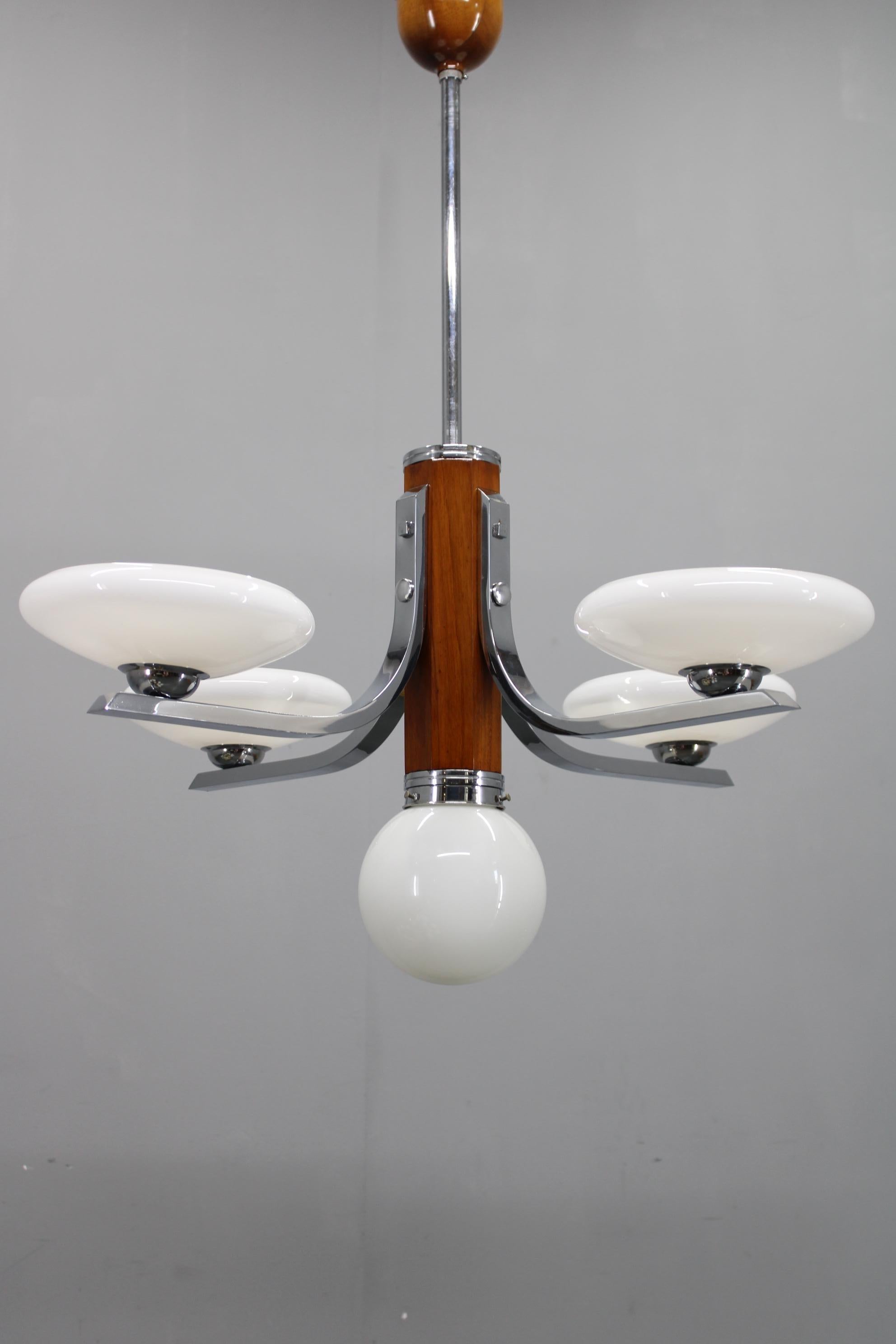 Art Deco Chrome and Walnut Chandelier with Milky Glass Shades, Czechoslovakia, 1 (Art déco) im Angebot