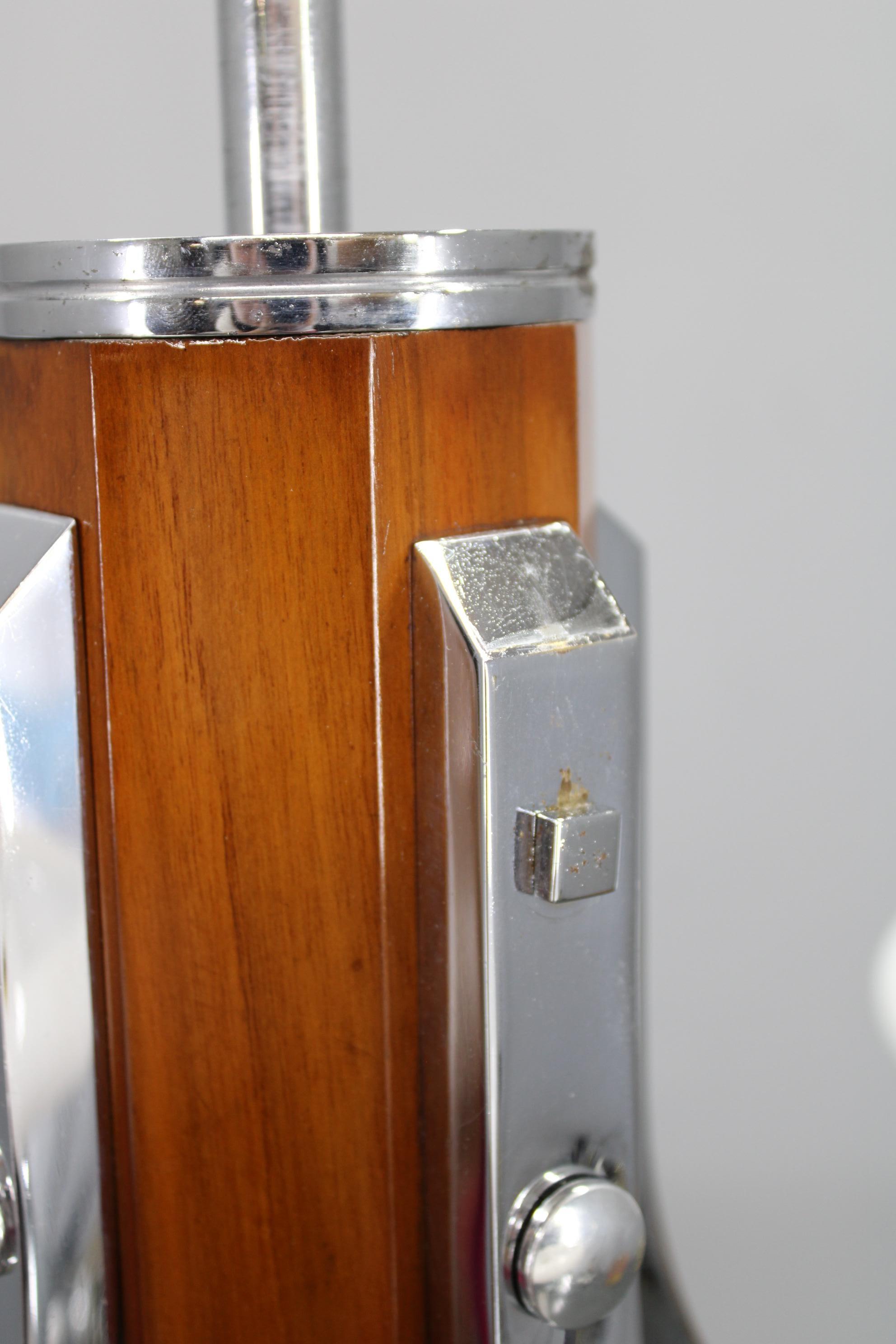 Art Deco Chrome and Walnut Chandelier with Milky Glass Shades, Czechoslovakia, 1 (Metall) im Angebot