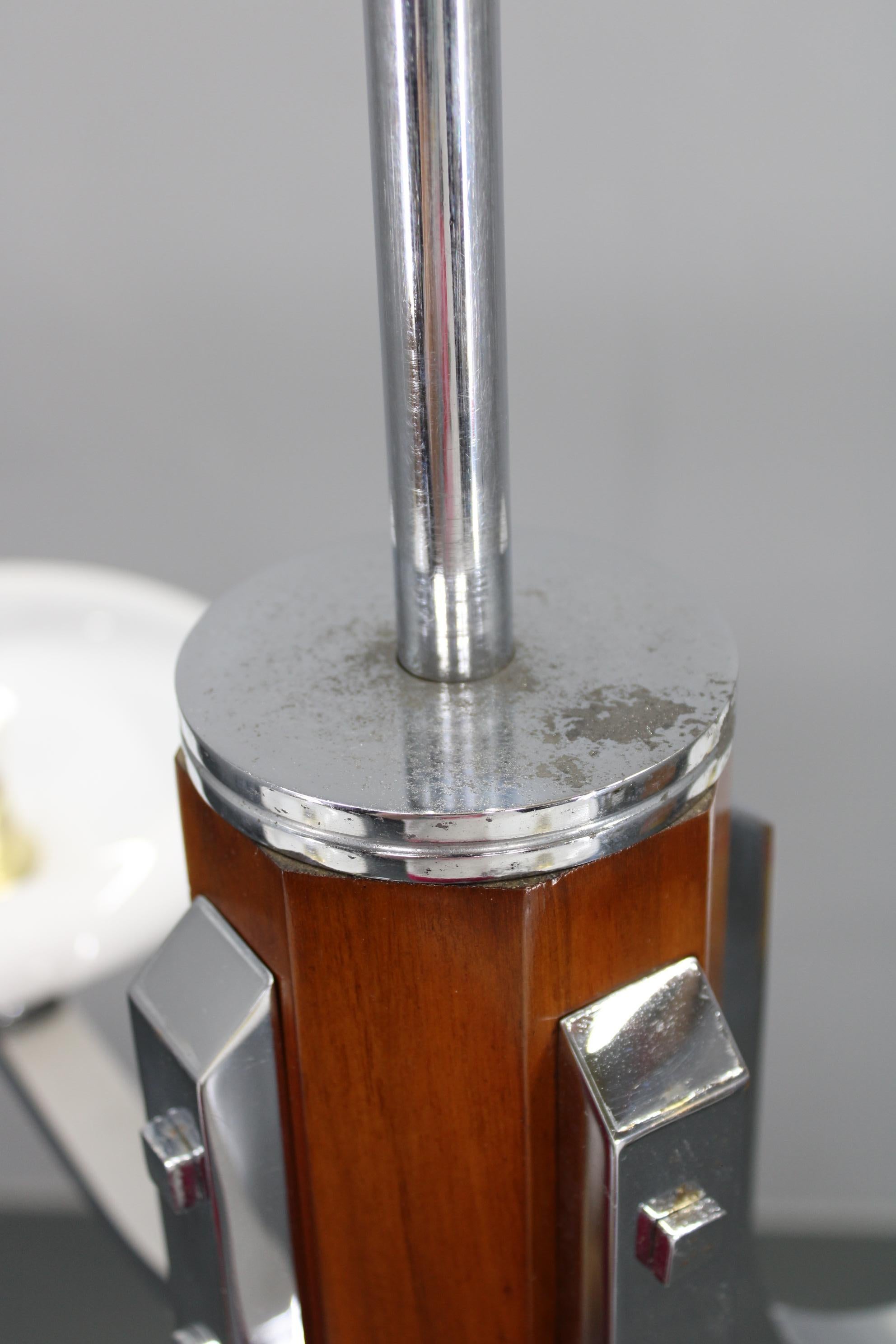 Art Deco Chrome and Walnut Chandelier with Milky Glass Shades, Czechoslovakia, 1 im Angebot 1