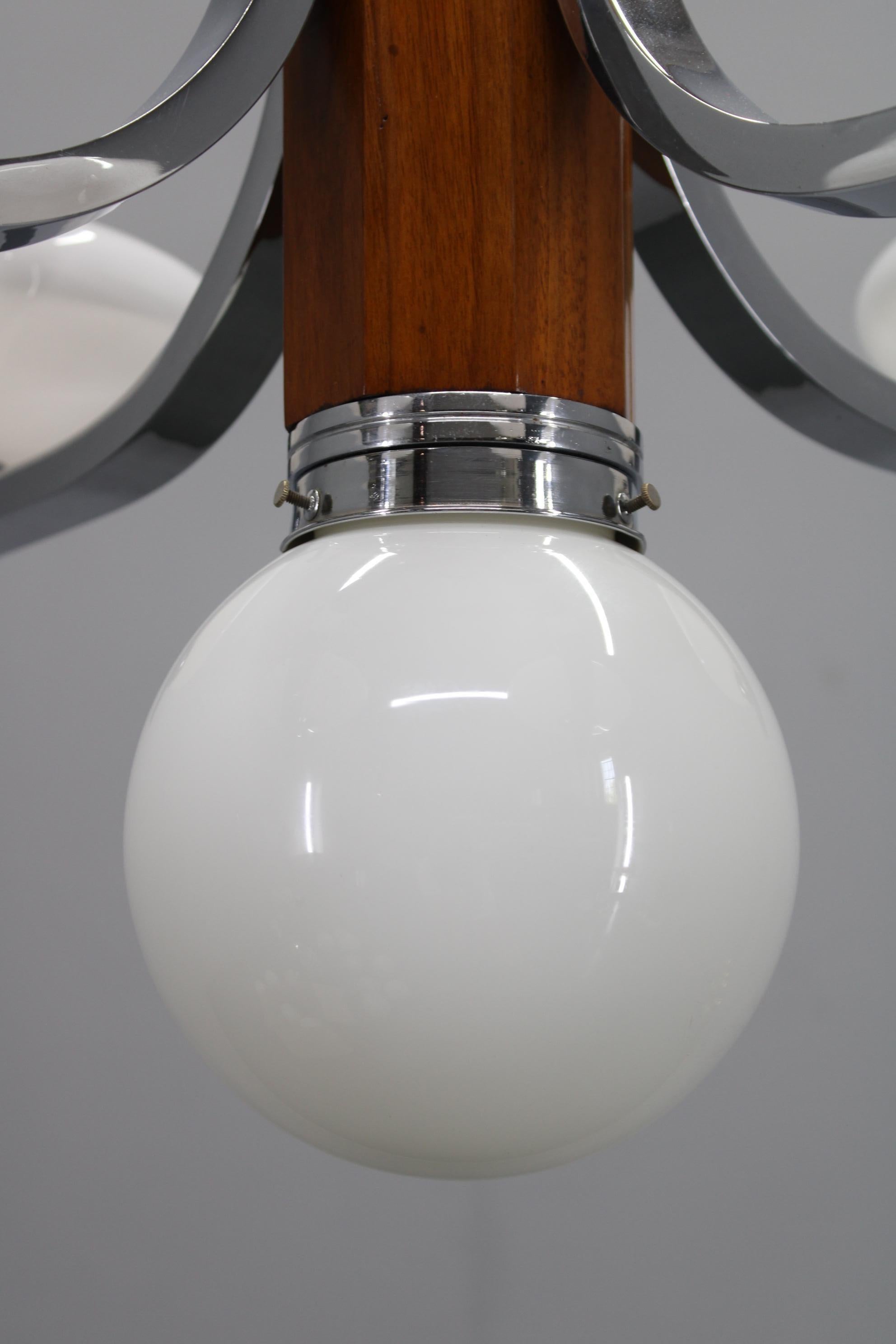 Art Deco Chrome and Walnut Chandelier with Milky Glass Shades, Czechoslovakia, 1 im Angebot 2