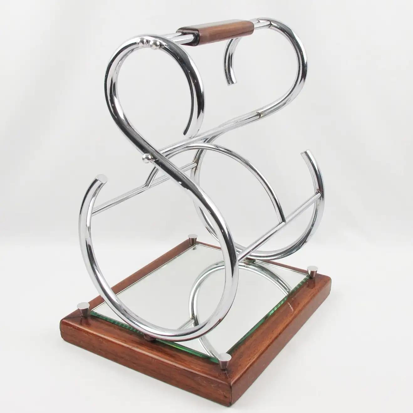 This elegant Art Deco modernist wine bottle carrier, holder, or caddy features a sculptural geometric 