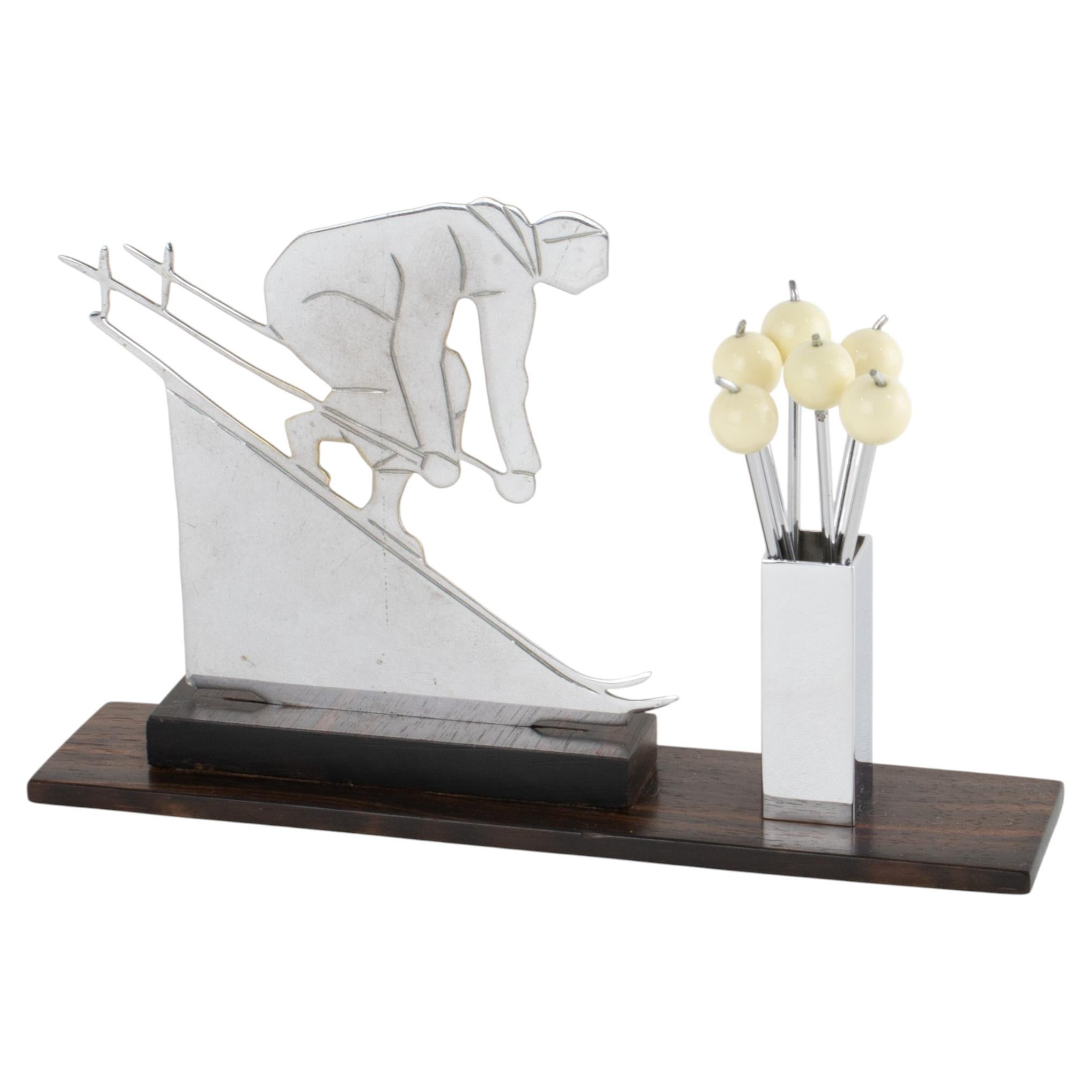Art Deco Chrome and Wood Sport Skier Cocktail Picks by Sudre, France circa 1930 For Sale
