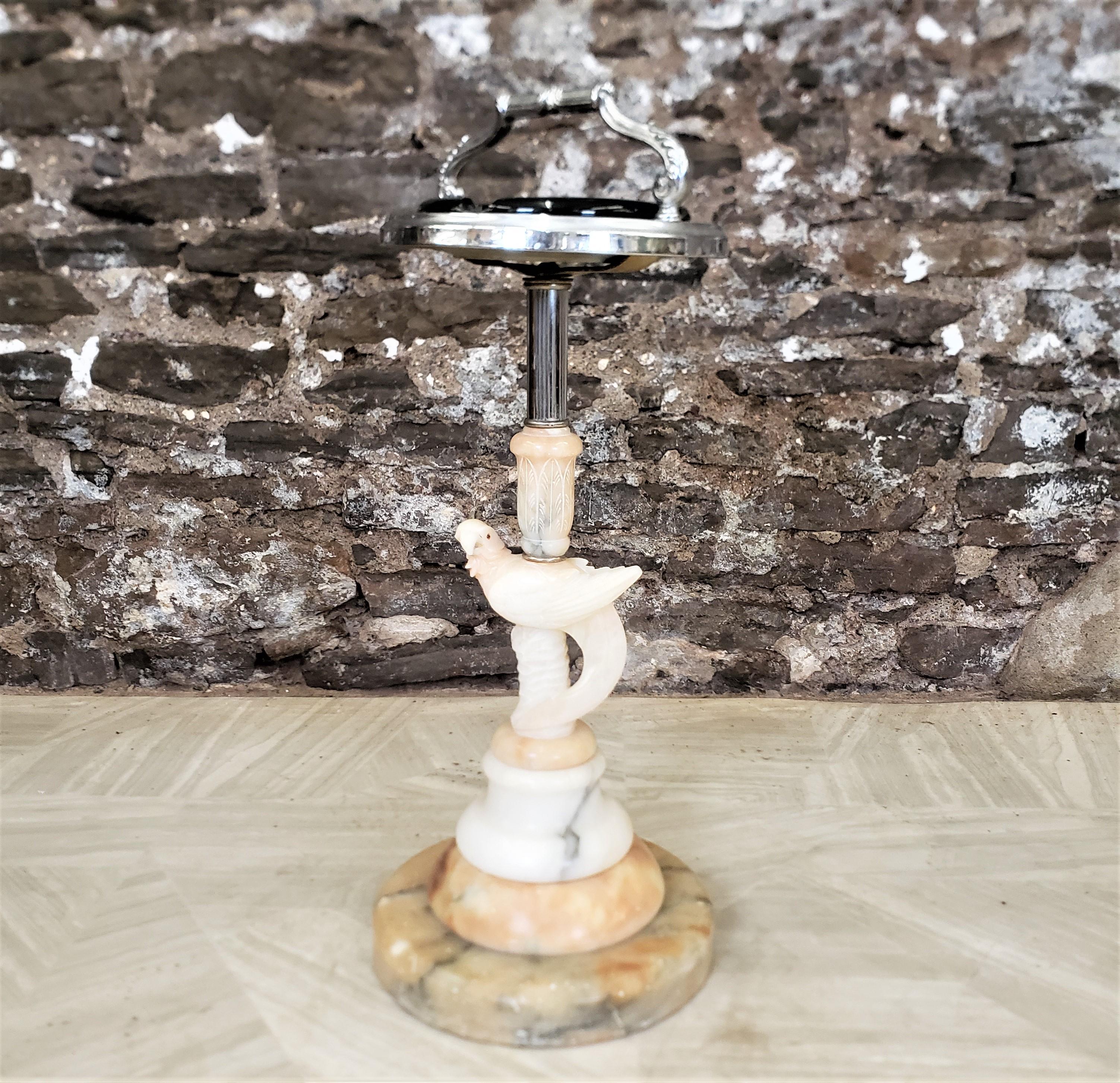 American Art Deco Chrome Ashtray Stand with a Carved Parrot & Stacked Marble Base For Sale