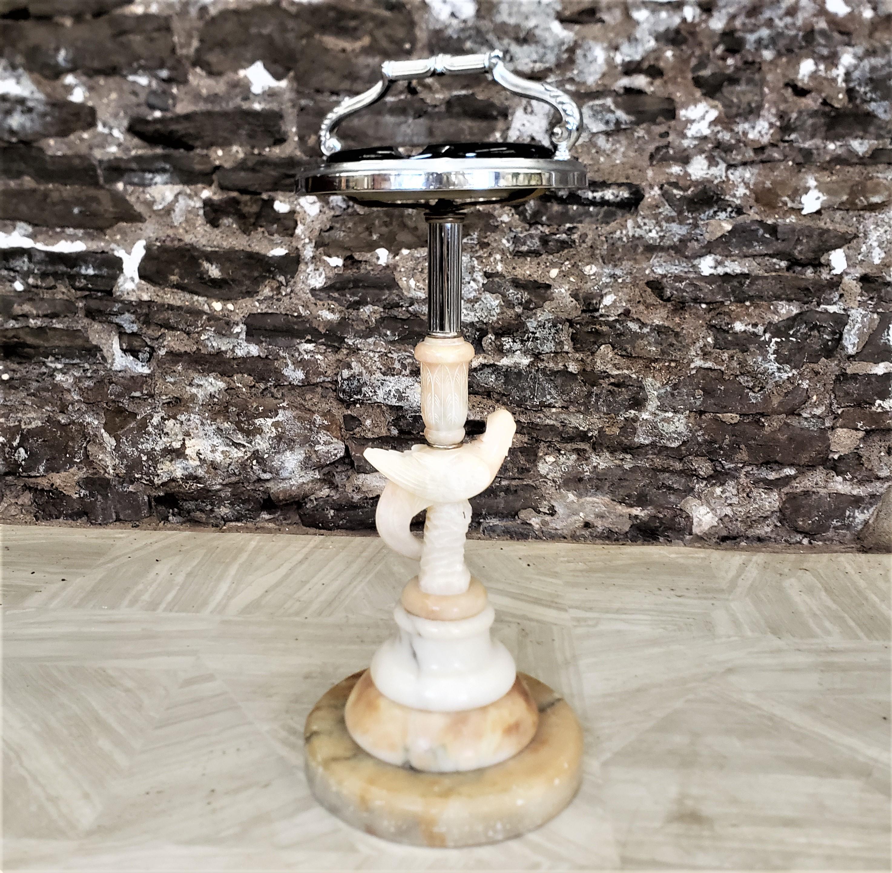20th Century Art Deco Chrome Ashtray Stand with a Carved Parrot & Stacked Marble Base For Sale