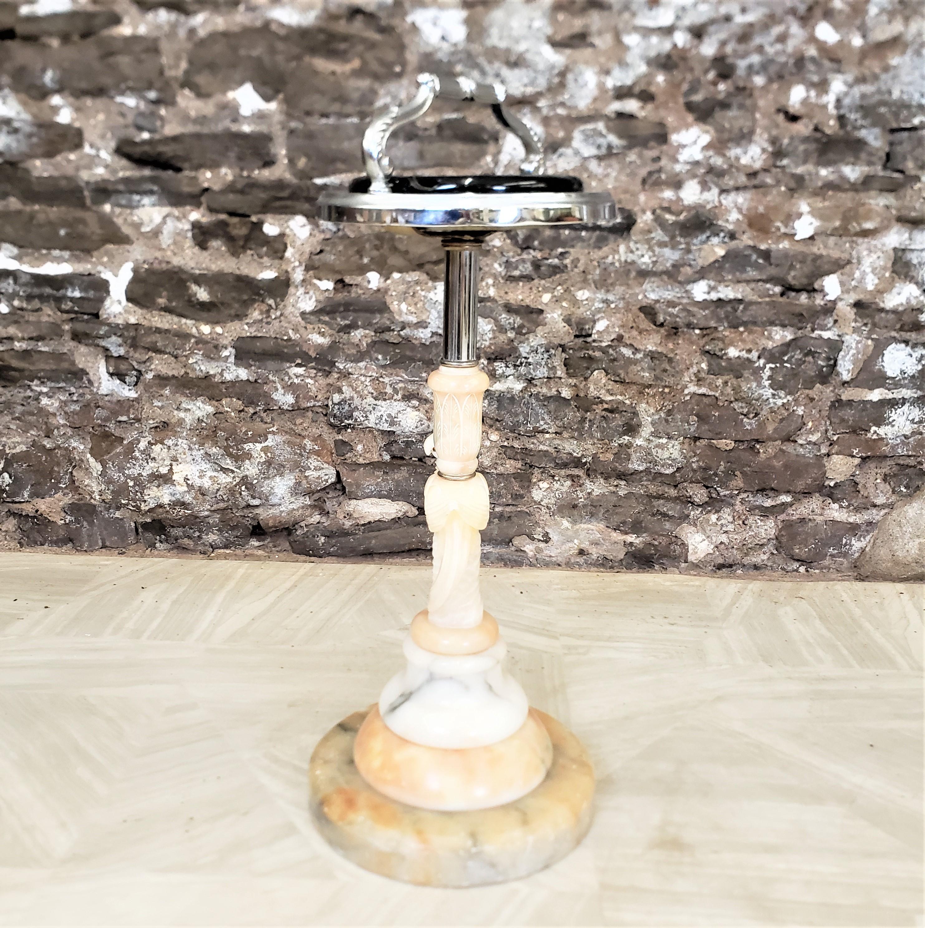 Metal Art Deco Chrome Ashtray Stand with a Carved Parrot & Stacked Marble Base For Sale