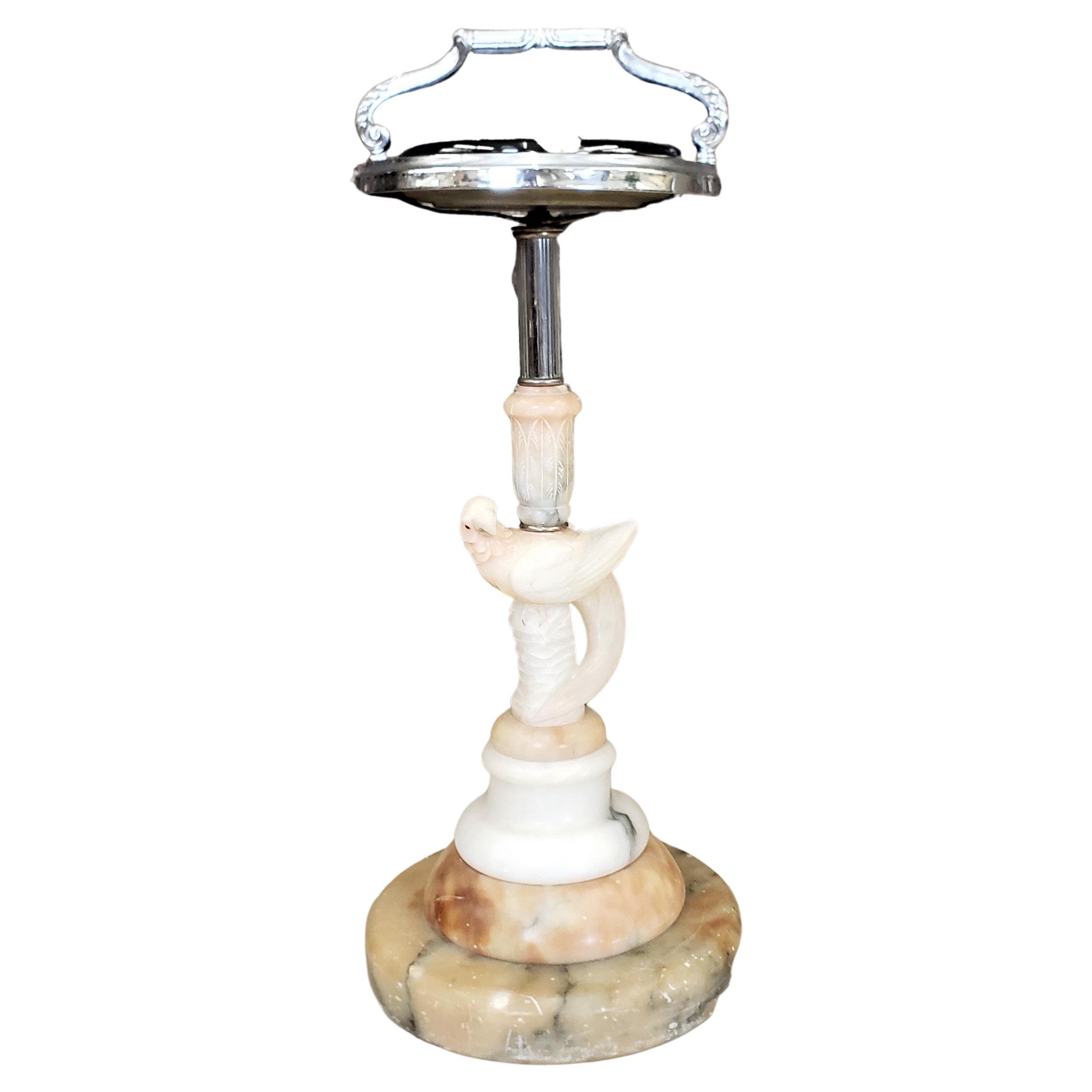 Art Deco Chrome Ashtray Stand with a Carved Parrot & Stacked Marble Base For Sale