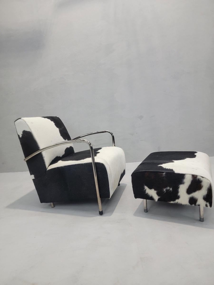 German Art Deco Chrome Bar Lounge & Ottoman Set Newly Upholstered in Hair-On Cowhide For Sale