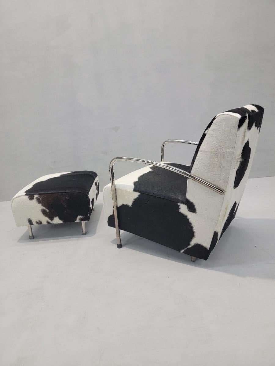 Art Deco Chrome Bar Lounge & Ottoman Set Newly Upholstered in Hair-On Cowhide In Good Condition For Sale In Chicago, IL