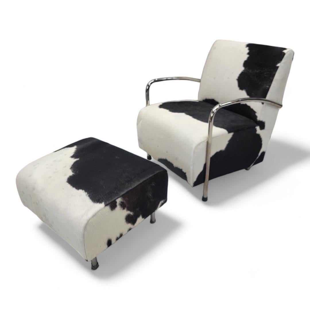 Art Deco Chrome Bar Lounge & Ottoman Set Newly Upholstered in Hair-On Cowhide For Sale 2